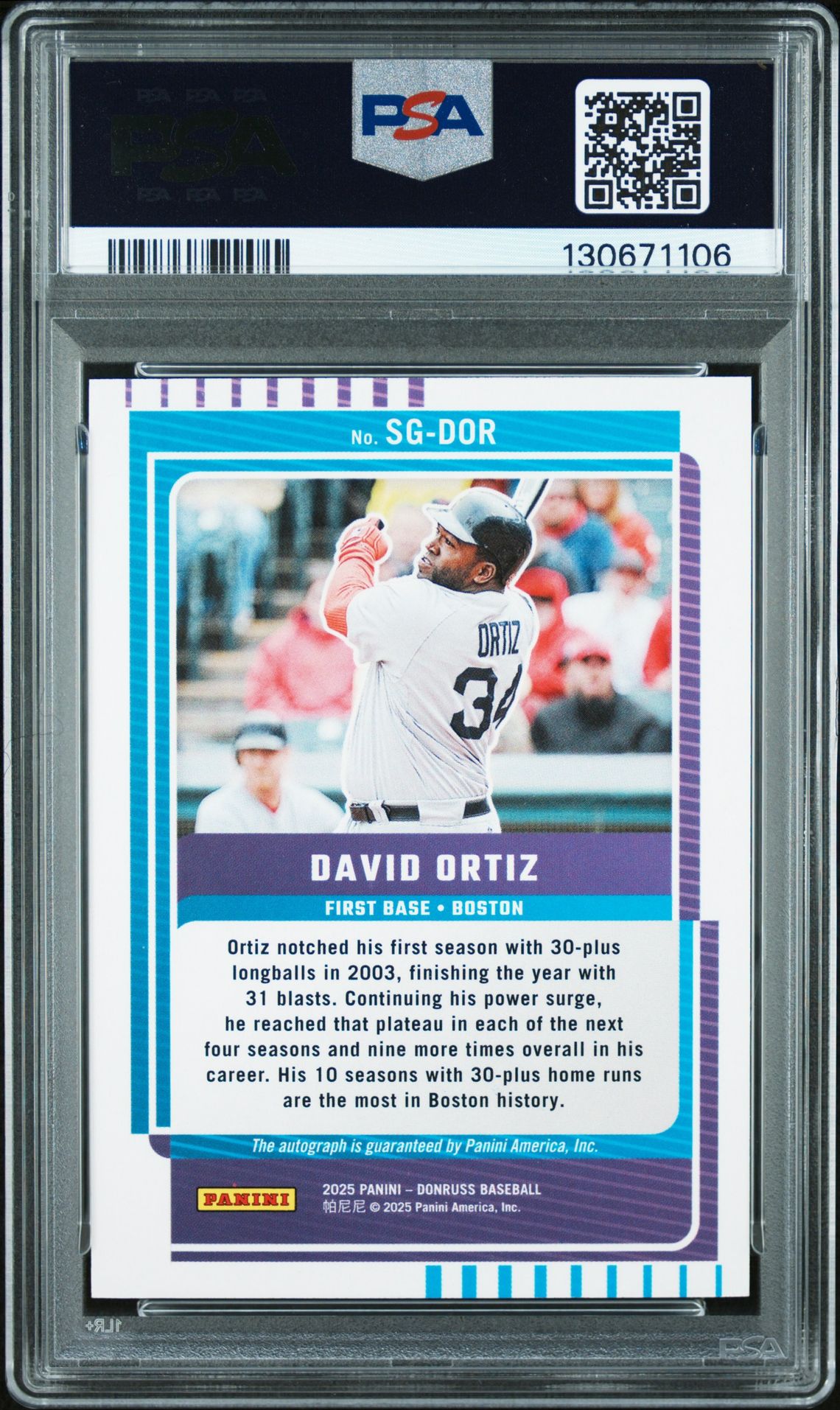 2025 Panini Donruss Signature Series David Ortiz #Sgdor (Signature Series-Blue) Gem Mt 10 back
