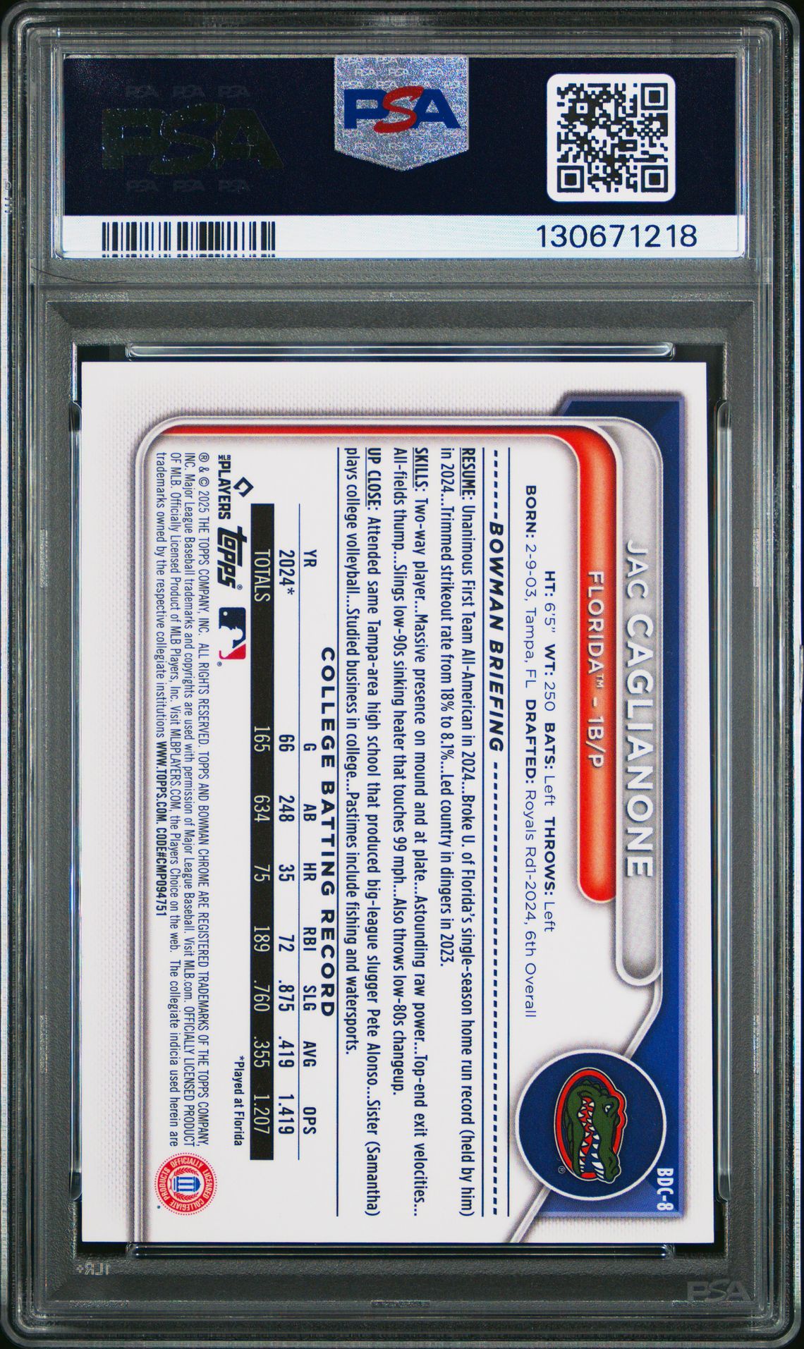 2024 Bowman Draft Jac Caglianone #Bdc8 (Chr-College Var-Org Ref) Gem Mt 10 back