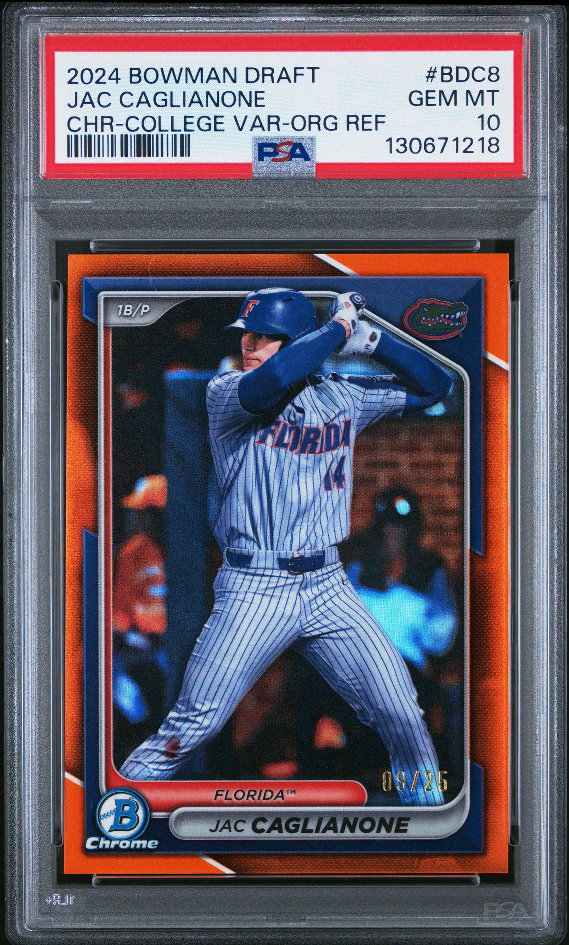 2024 Bowman Draft Jac Caglianone #Bdc8 (Chr-College Var-Org Ref) Gem Mt 10 front