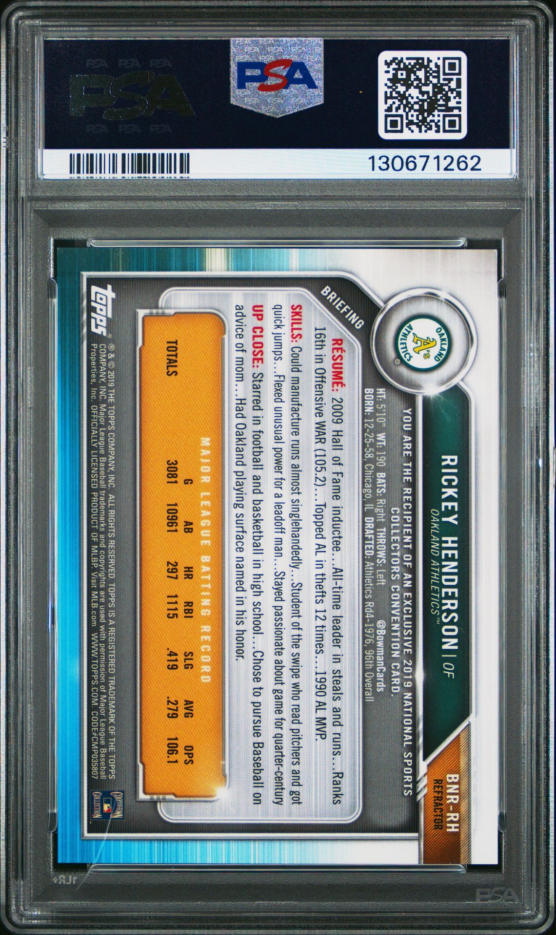 2019 Bowman Chrome National Convention Rickey Henderson #Bnrrh (Nat'l Conv-Orange Ref.) Gem Mt 10 back