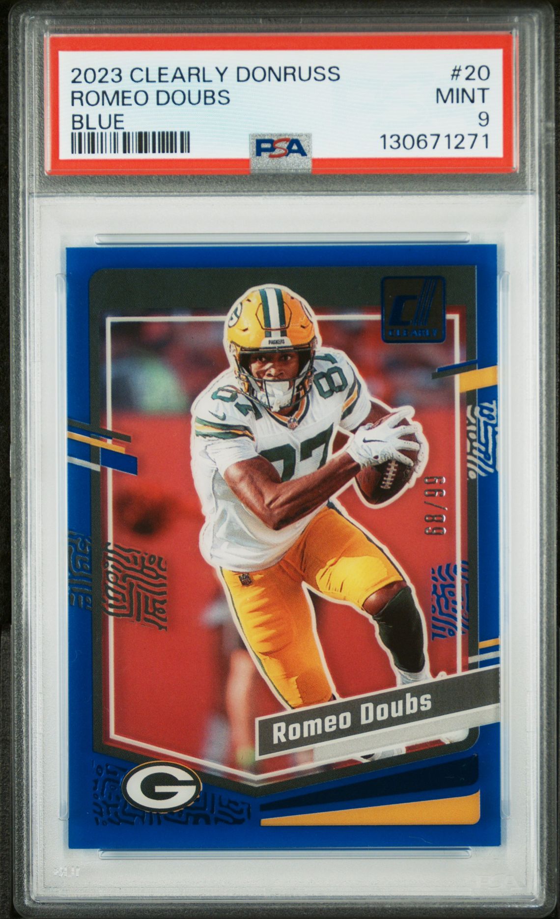 2023 Panini Clearly Donruss Romeo Doubs #20 (Blue) Mint 9 front