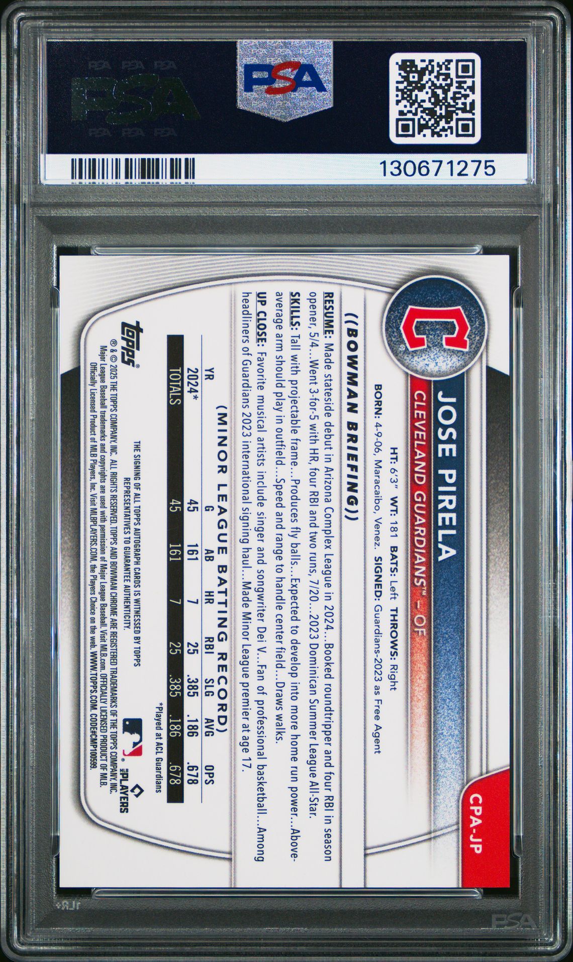 2025 Bowman Chrome Prospect Autographs Jose Pirela #Cpajp Gem Mt 10 back