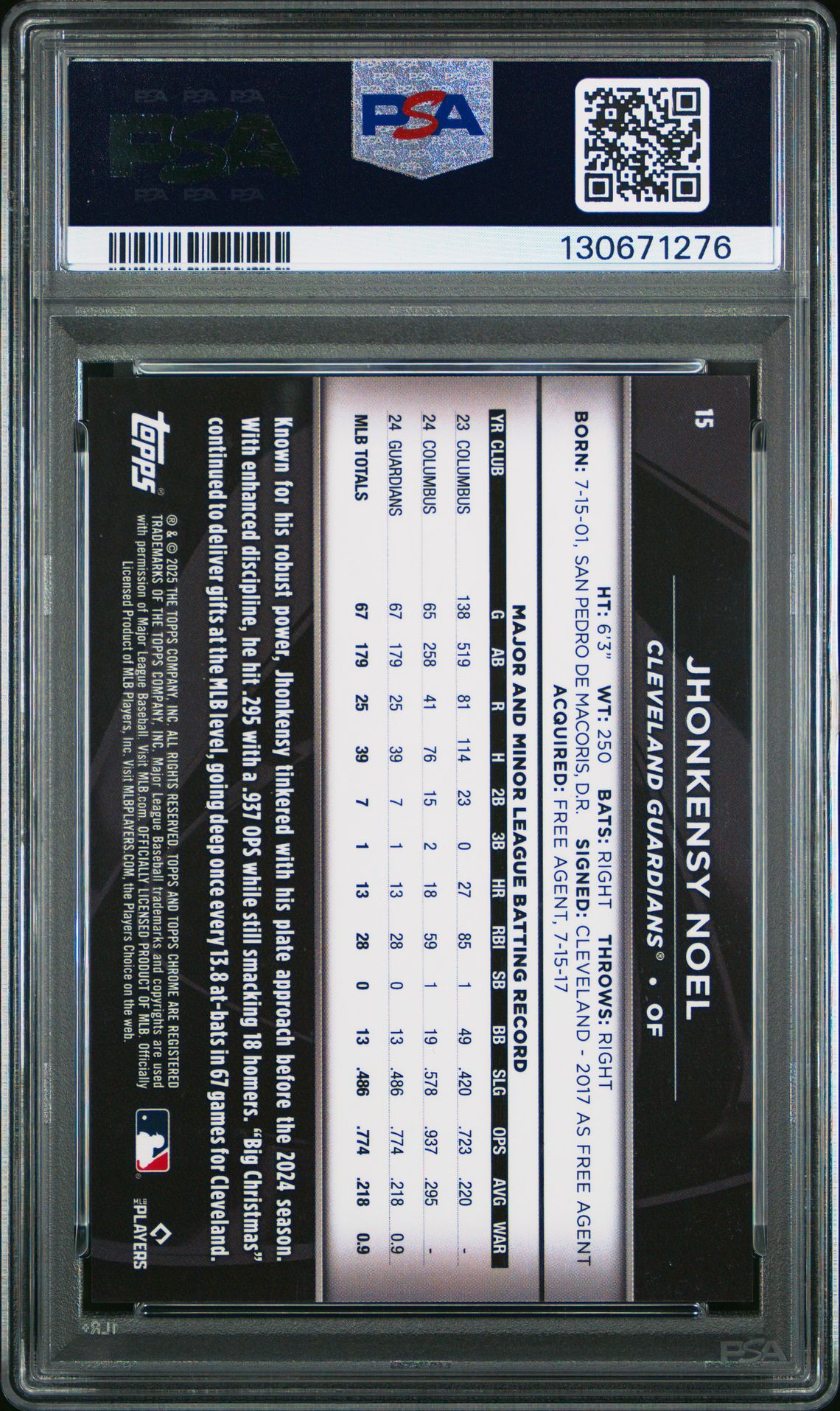 2025 Topps Chrome Black Jhonkensy Noel #15 (Blue Refractor) Gem Mt 10 back