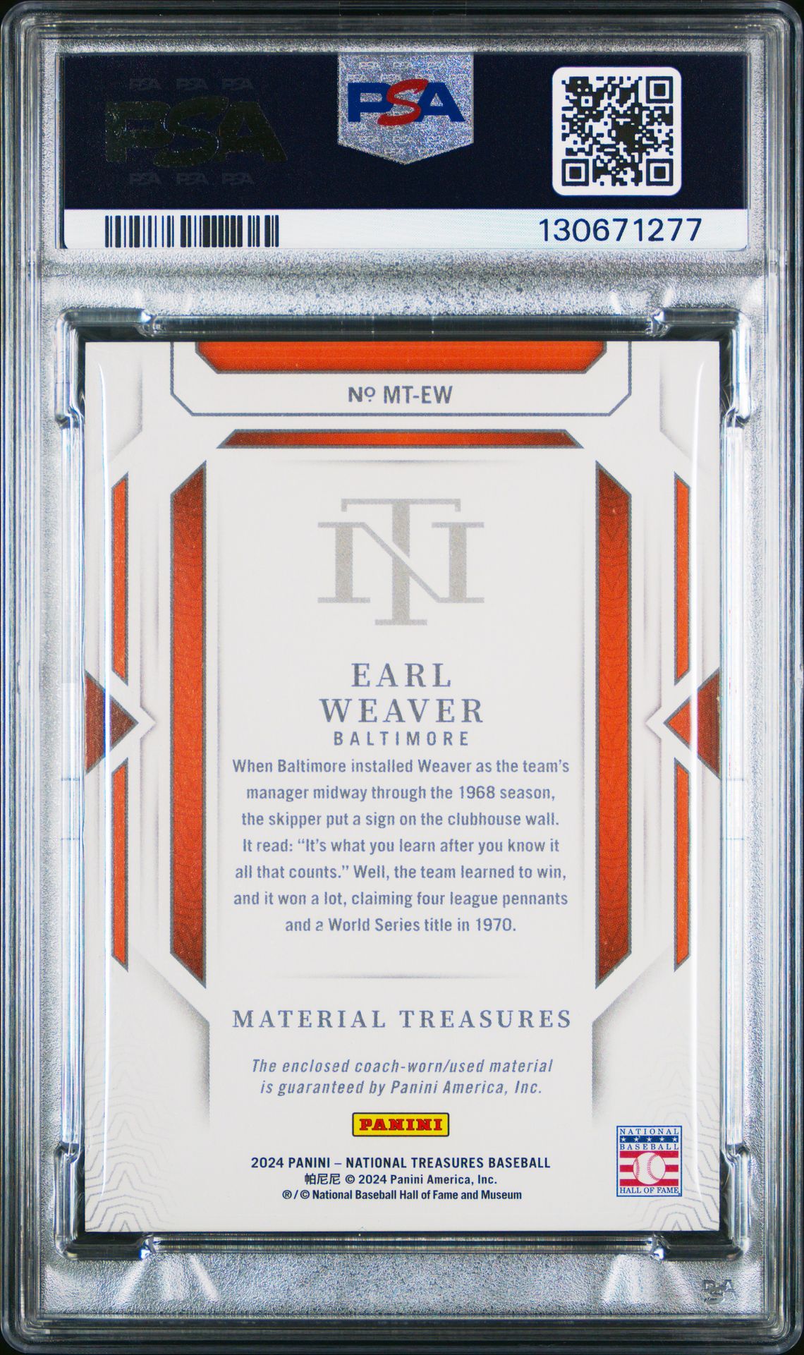 2024 Panini National Treasures Material Treasures Earl Weaver #Mtew Mint 9 back