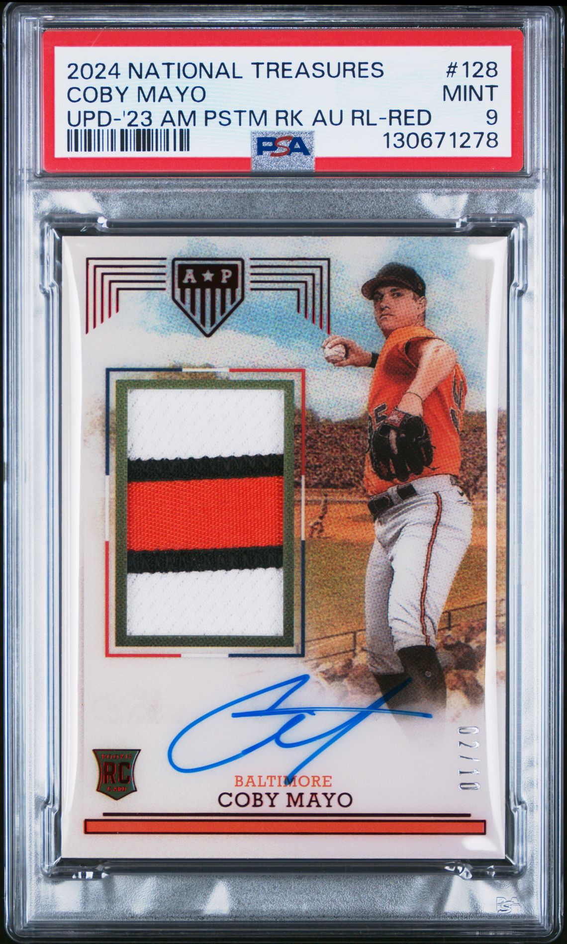 2024 Panini National Treasures Update Coby Mayo #128 (Upd-'23 Am Pstm Rk Au Rl-Red) Mint 9 front