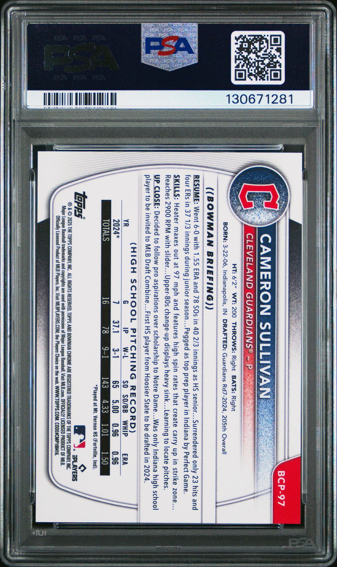 2025 Bowman Sapphire Edition Chrome Prospects Cameron Sullivan #Bcp97 (Chrome Prospect-Gold) Gem Mt 10 back