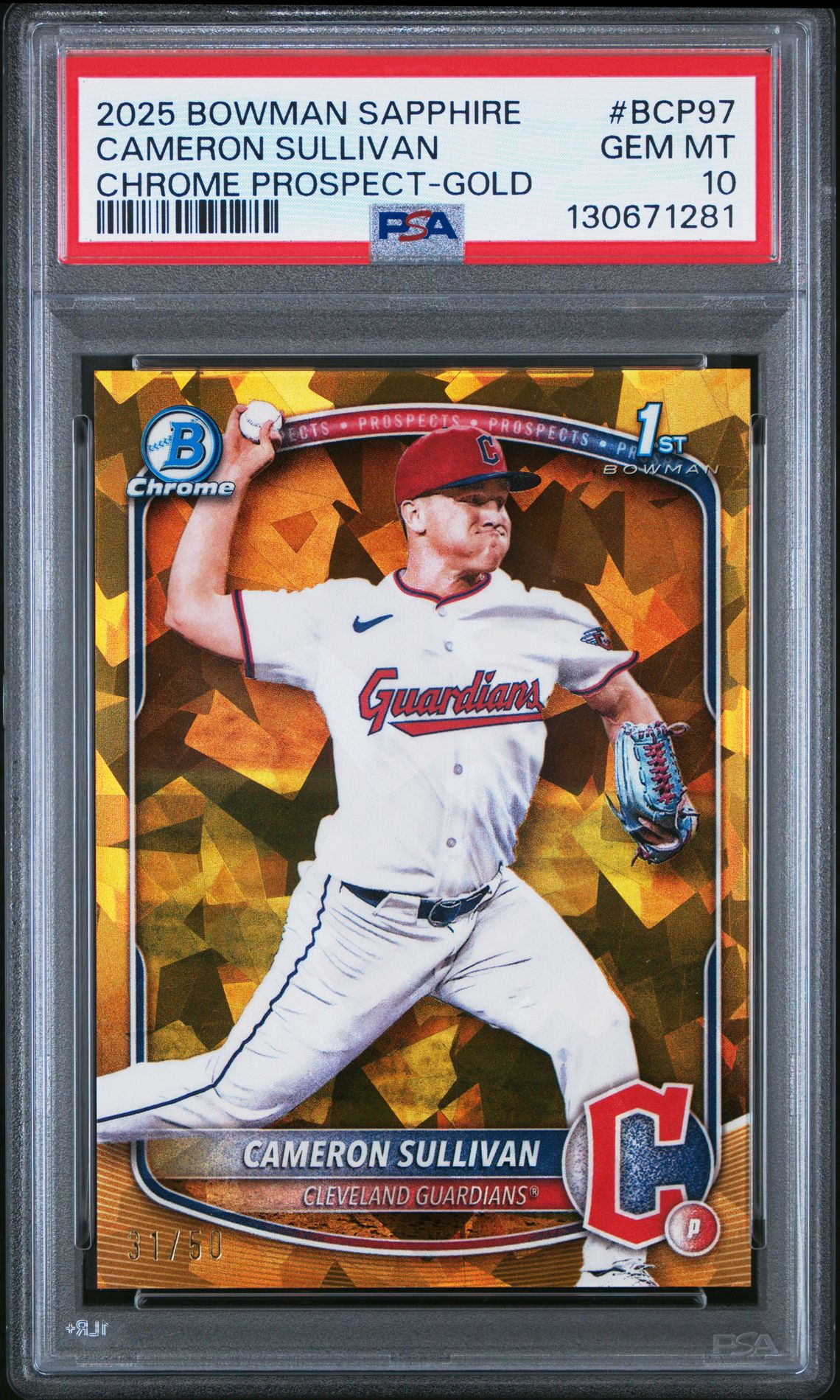 2025 Bowman Sapphire Edition Chrome Prospects Cameron Sullivan #Bcp97 (Chrome Prospect-Gold) Gem Mt 10 front