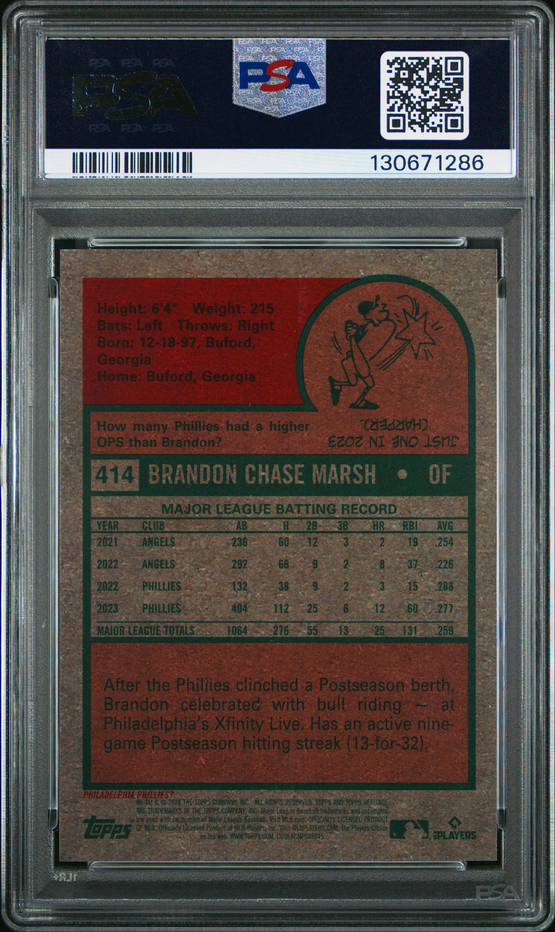 2024 Topps Heritage Brandon Marsh #414 (Chrome-Gold Border) Gem Mt 10 back