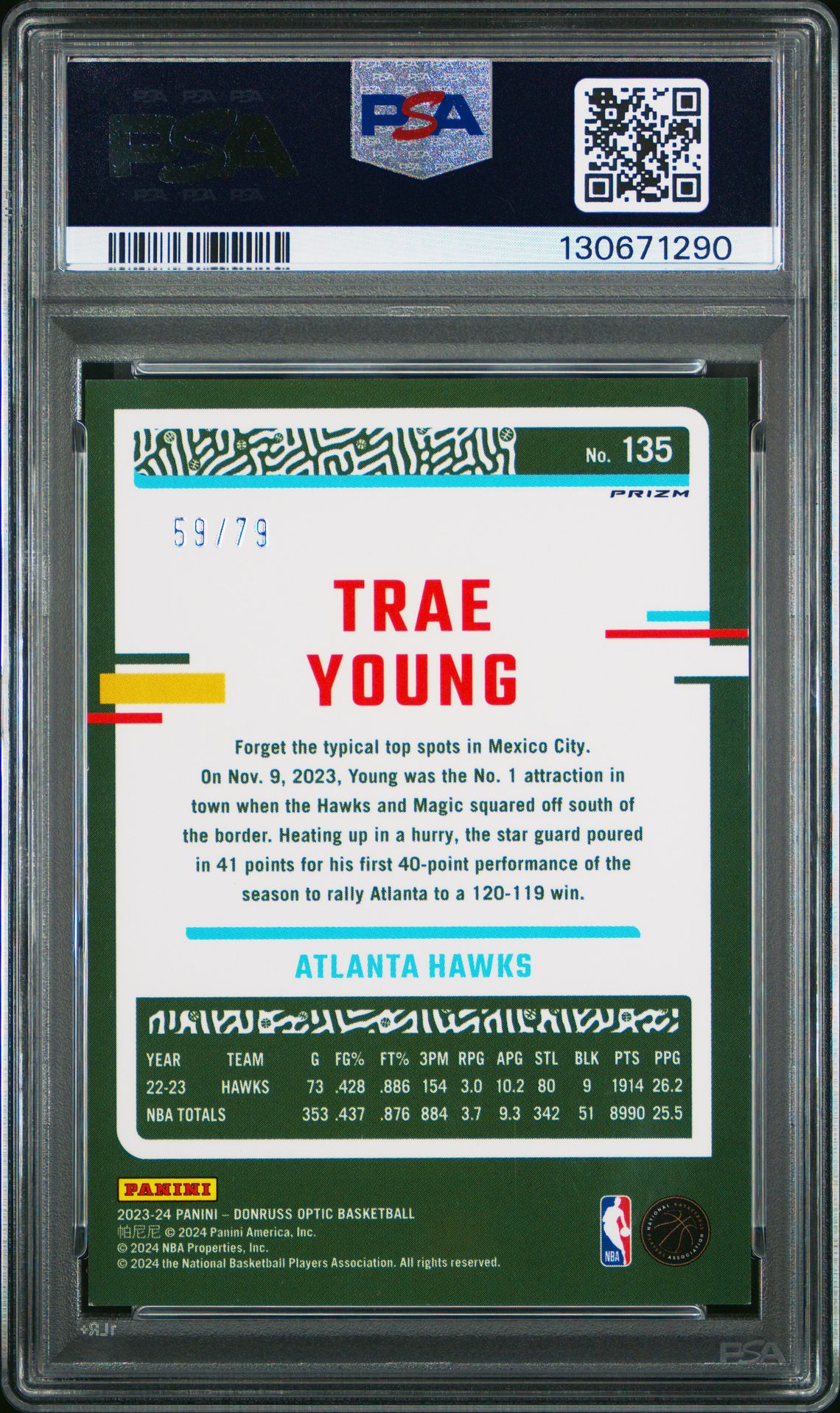 2023 Panini Donruss Optic Trae Young #135 (Pink Velocity) Mint 9 back