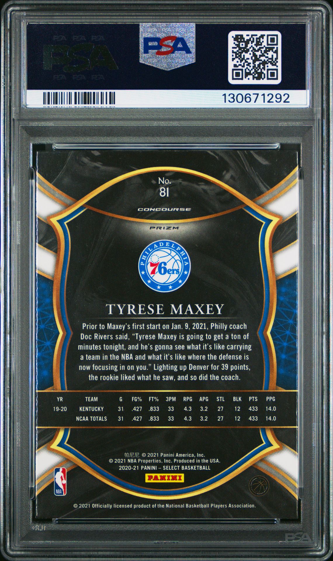 2020 Panini Select Tyrese Maxey #81 (Red/White/Orange Flash) Mint 9 back