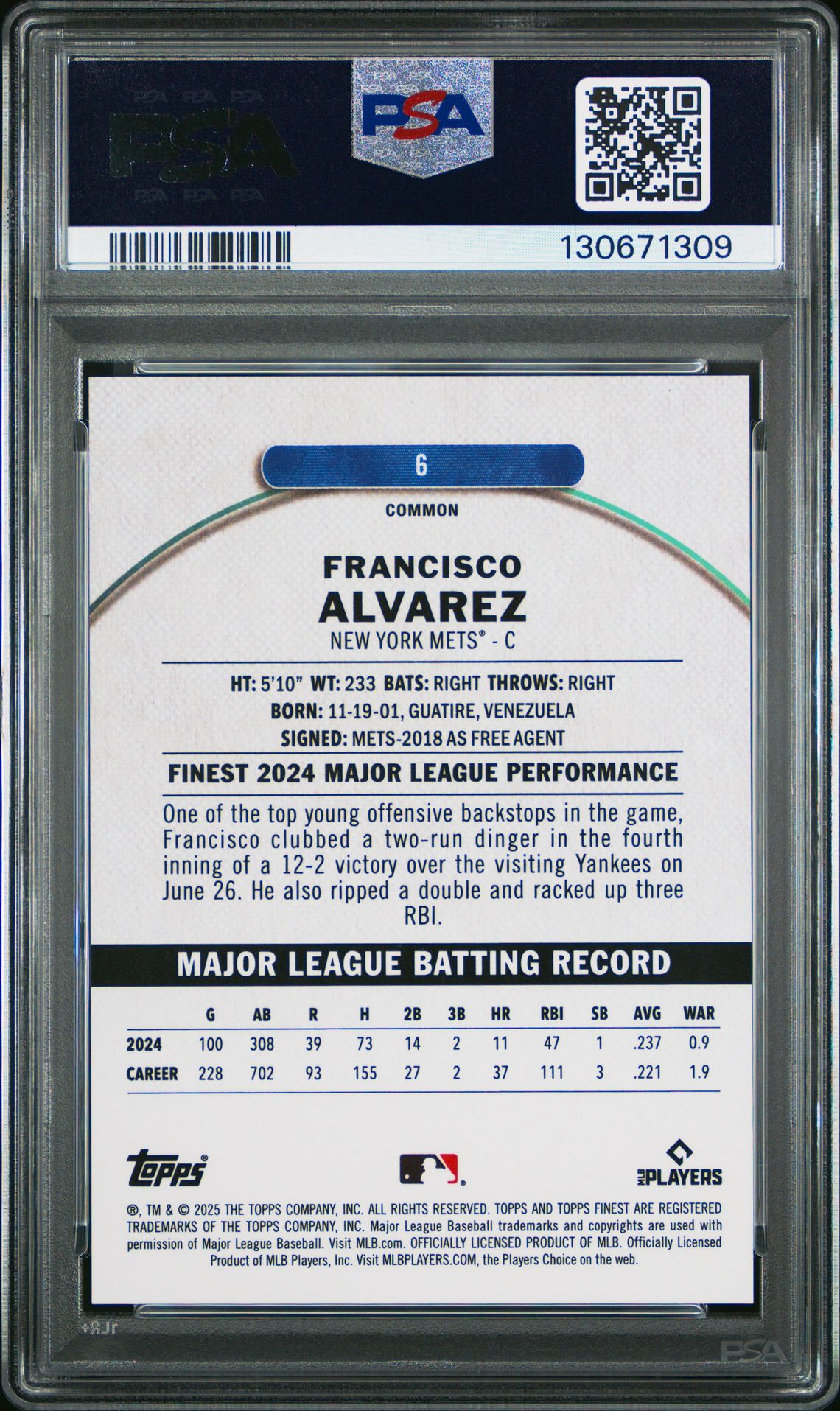 2025 Topps Finest Francisco Alvarez #6 (Black Refractor) Gem Mt 10 back