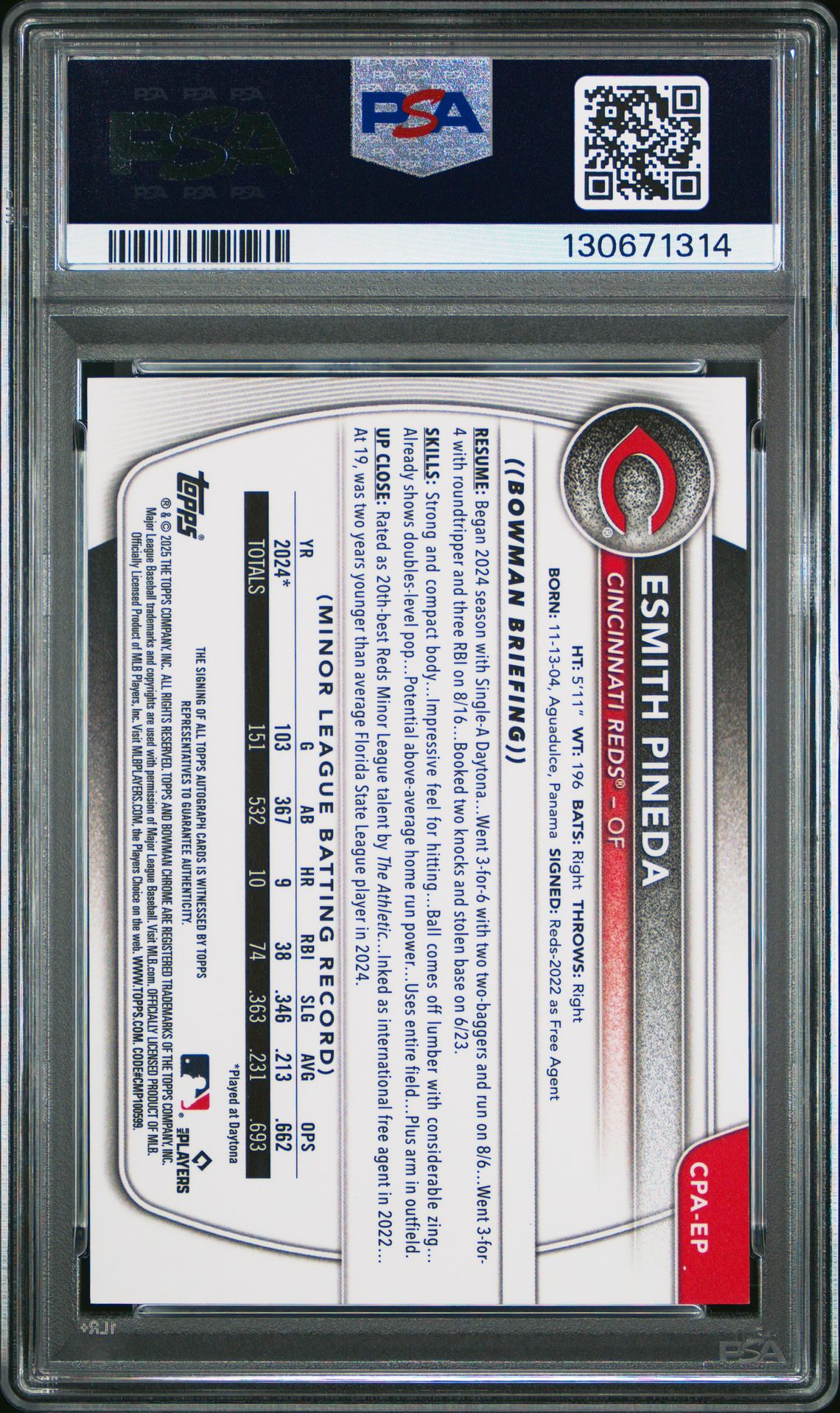 2025 Bowman Chrome Prospect Autographs Esmith Pineda #Cpaep (Chrome Pros Auto-Gold Lava) Mint 9 back