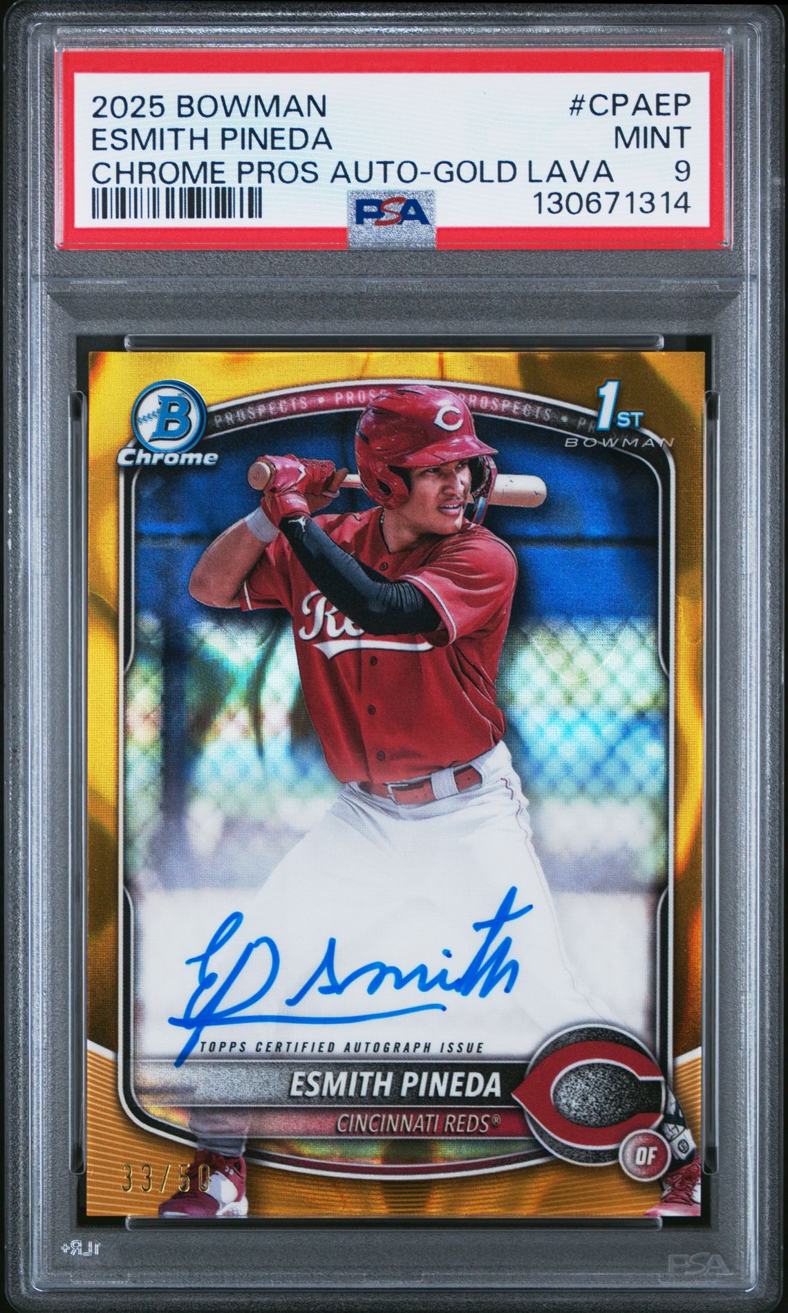 2025 Bowman Chrome Prospect Autographs Esmith Pineda #Cpaep (Chrome Pros Auto-Gold Lava) Mint 9 front