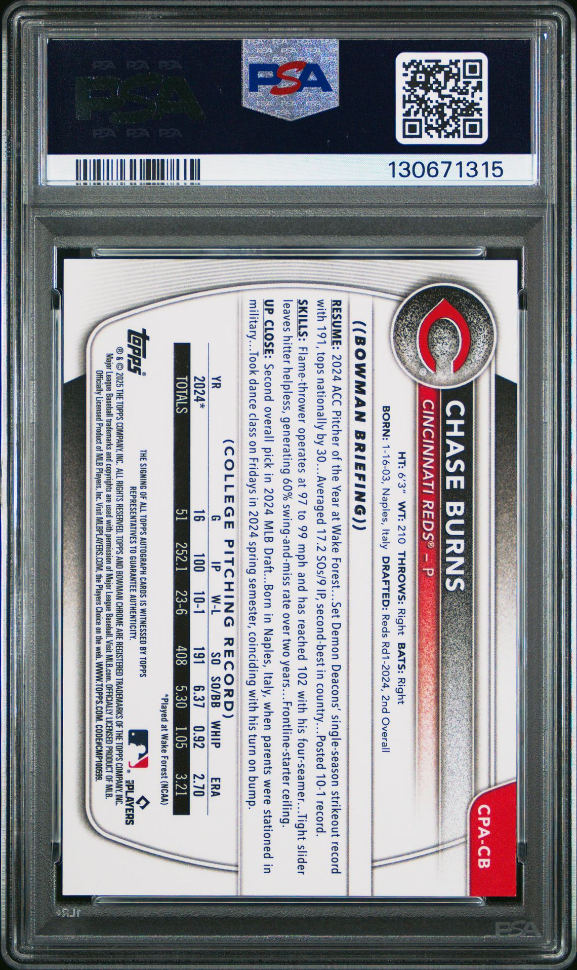 2025 Bowman Chrome Prospect Autographs Chase Burns #Cpacb (Chr Pros Au-Blue X-Fractor) Mint 9 back