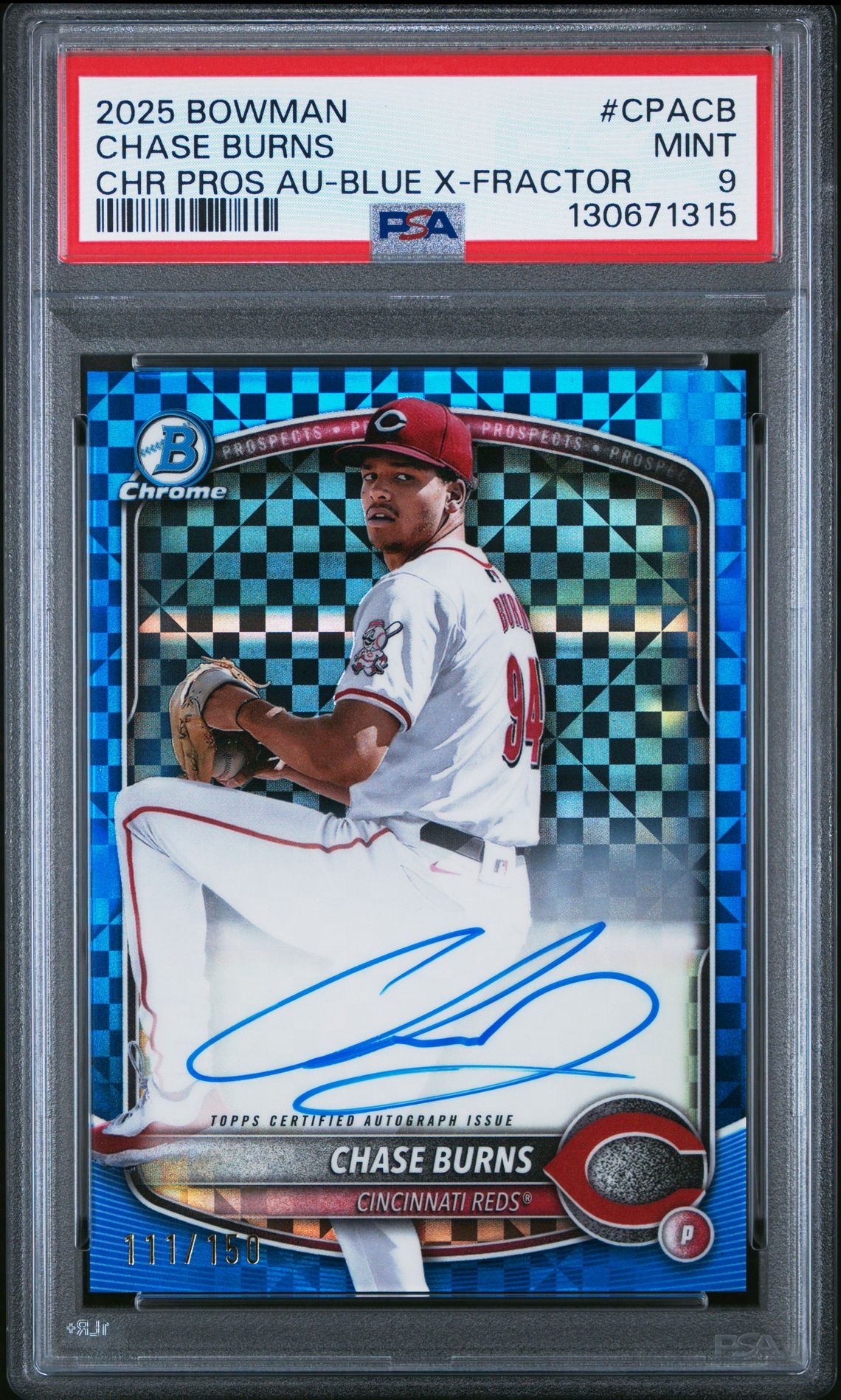2025 Bowman Chrome Prospect Autographs Chase Burns #Cpacb (Chr Pros Au-Blue X-Fractor) Mint 9 front