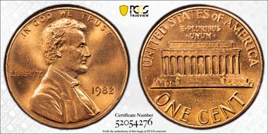 1982 1C Zinc, Small Date MS67+ RD