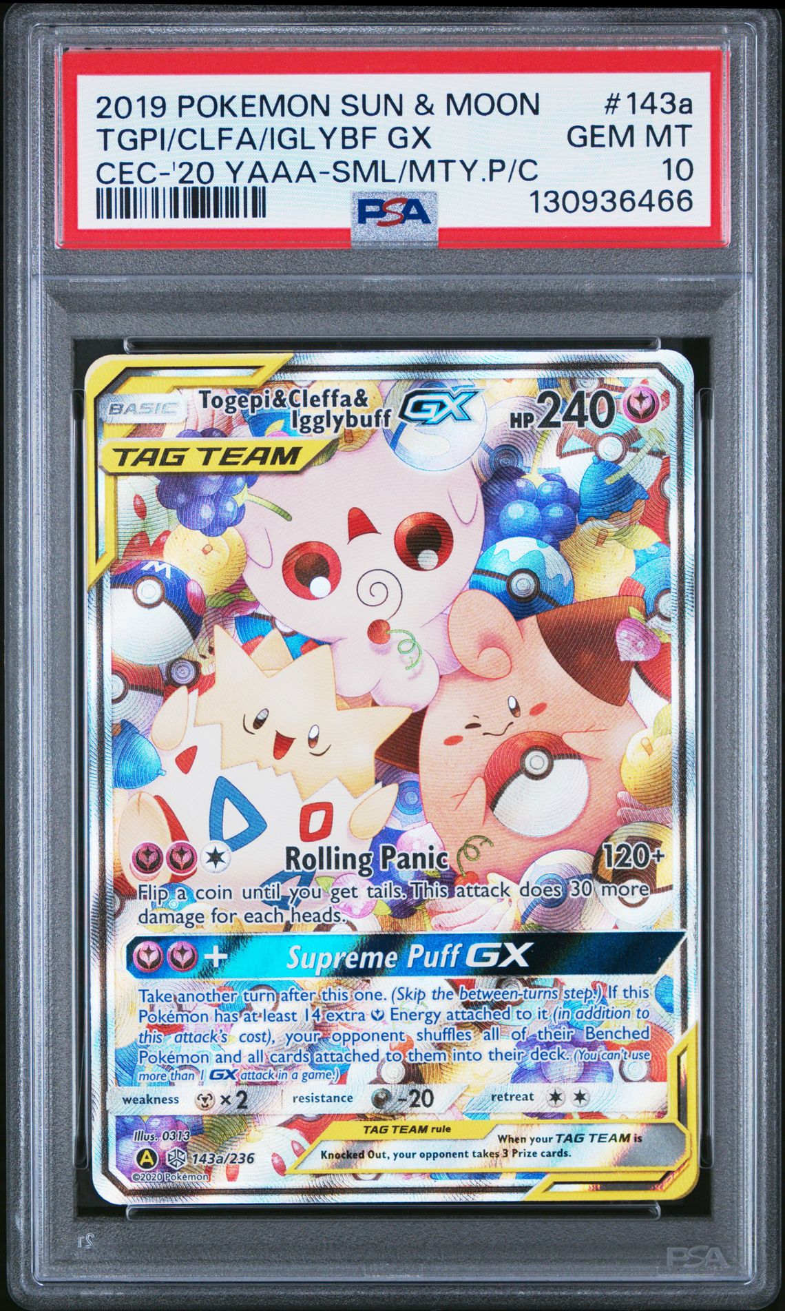 2019 Pokemon Sun & Moon Cosmic Eclipse Tgpi/Clfa/Iglybf Gx #143A (Cec-'20 Yaaa-Sml/Mty.p/C) Gem Mt 10 front