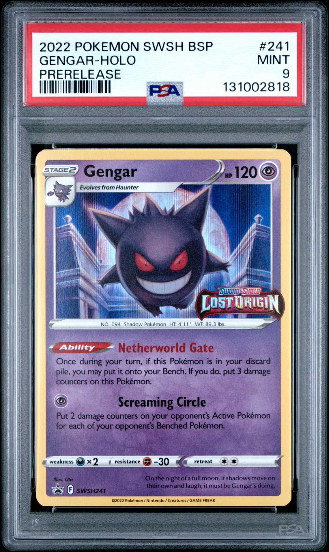 2022 Pokemon Swsh Black Star Promo Gengar-Holo #241 (Prerelease) Mint 9 front