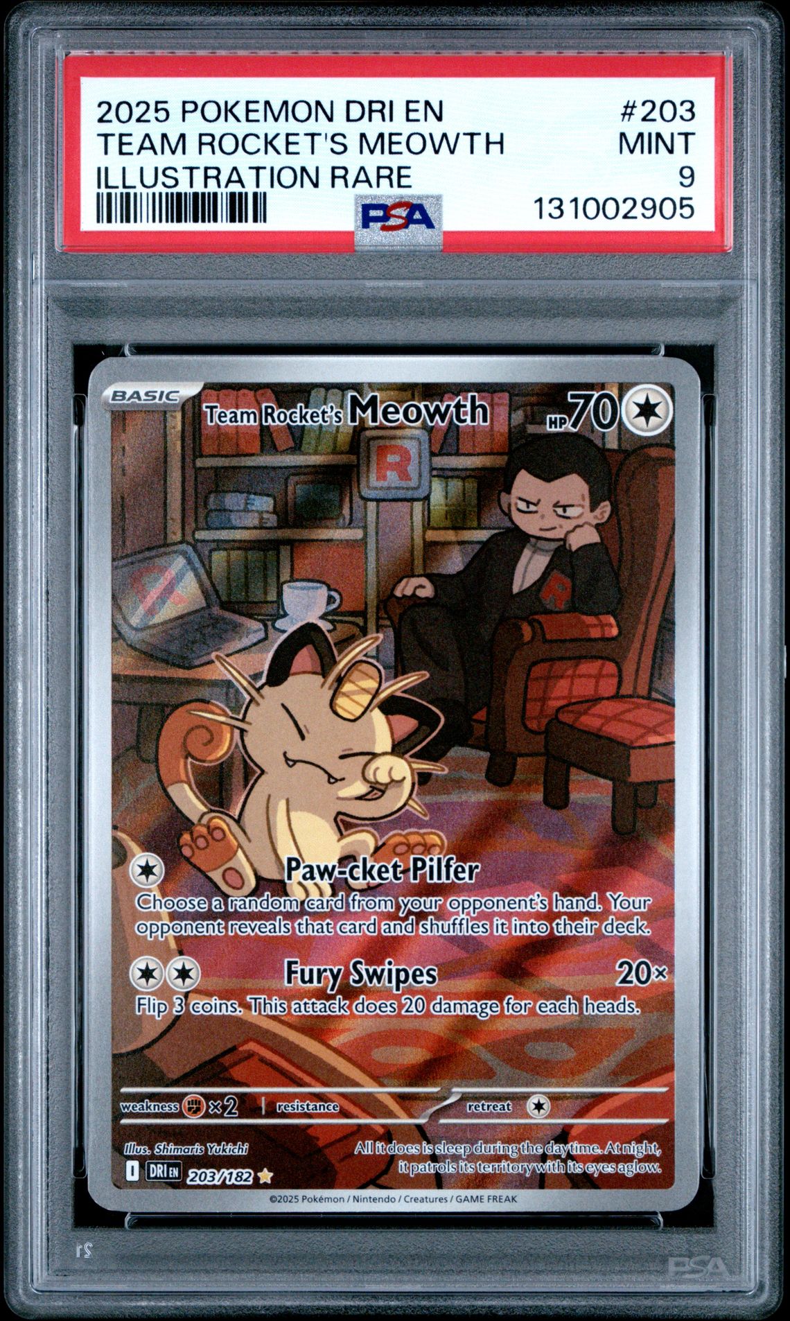 2025 Pokemon Dri En-Destined Rivals Team Rocket's Meowth #203 (Illustration Rare) Mint 9 front