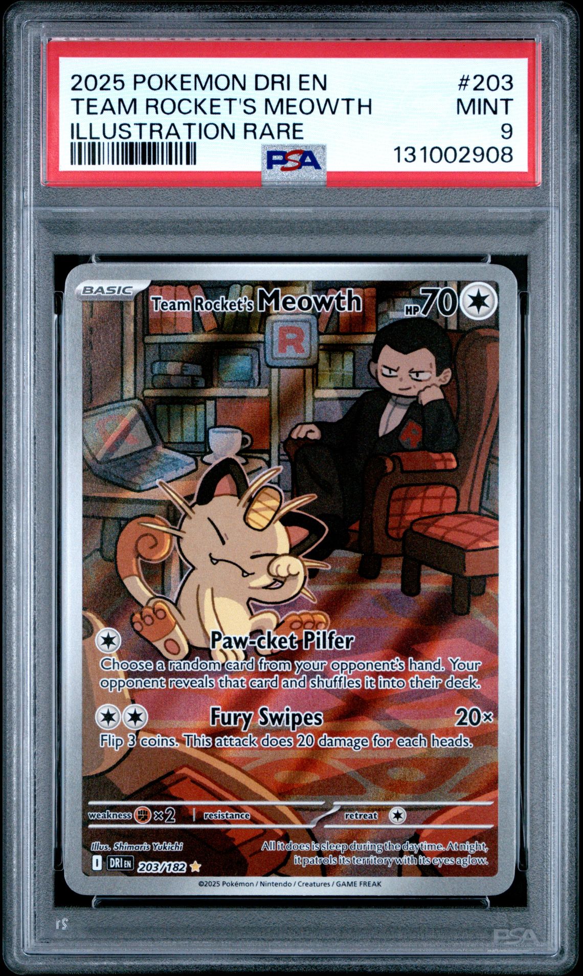 2025 Pokemon Dri En-Destined Rivals Team Rocket's Meowth #203 (Illustration Rare) Mint 9 front