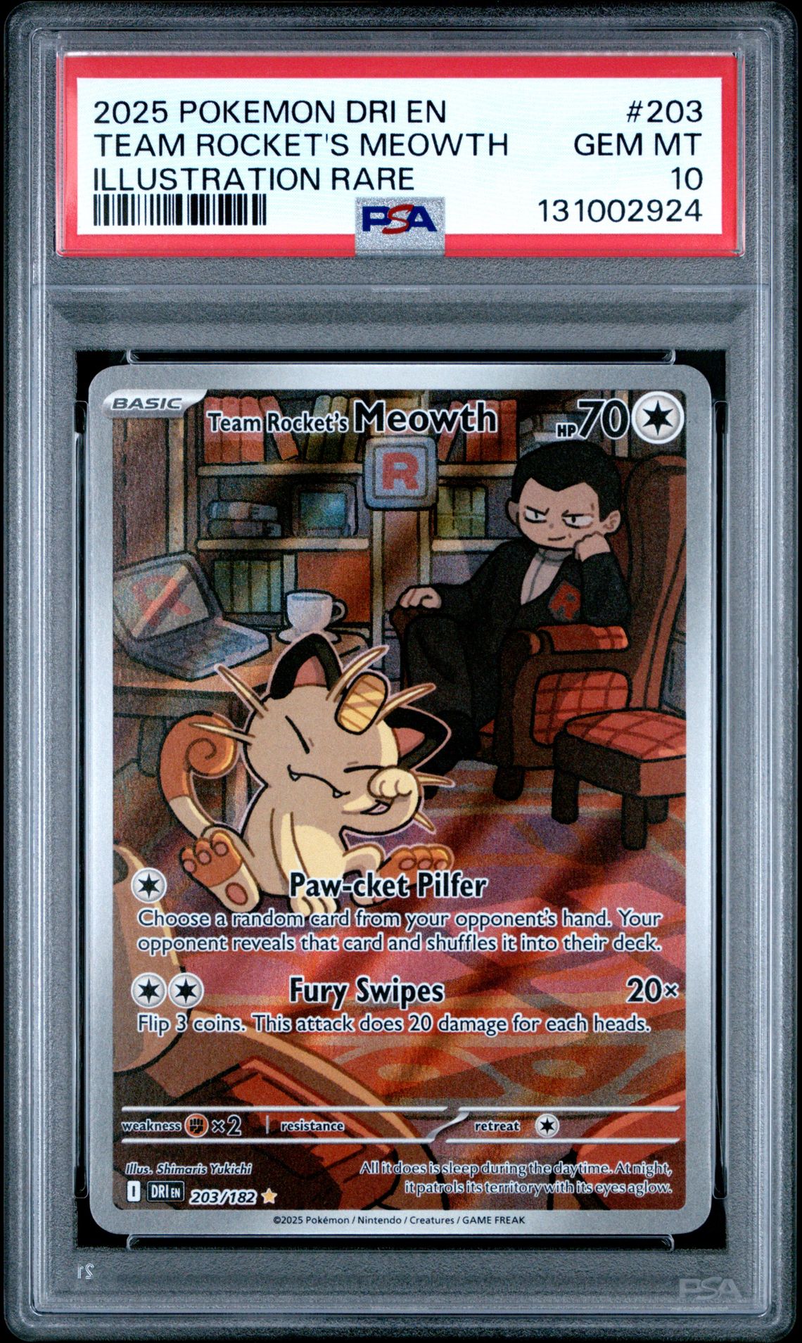 2025 Pokemon Dri En-Destined Rivals Team Rocket's Meowth #203 (Illustration Rare) Gem Mt 10 front