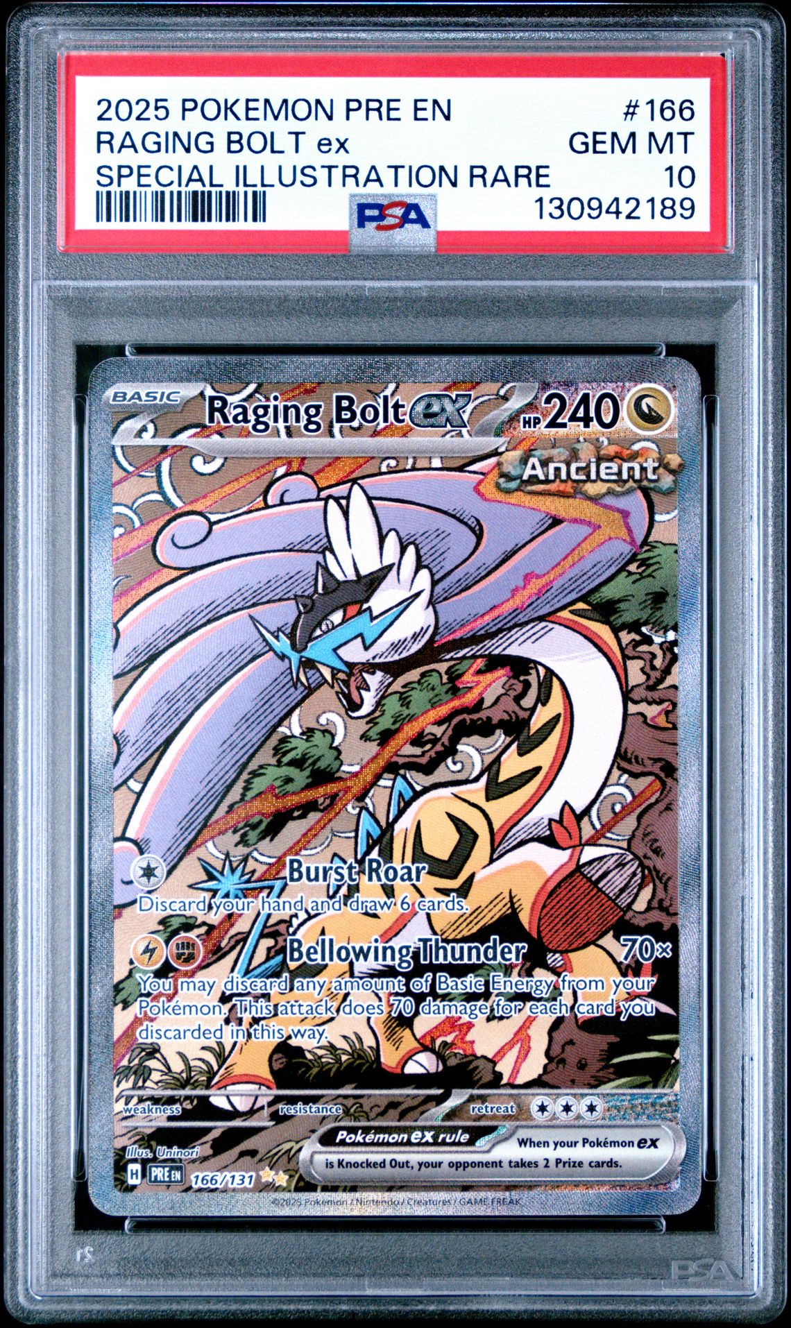 2025 Pokemon Pre En-Prismatic Evolutions Raging Bolt Ex #166 (Special Illustration Rare) Gem Mt 10 front