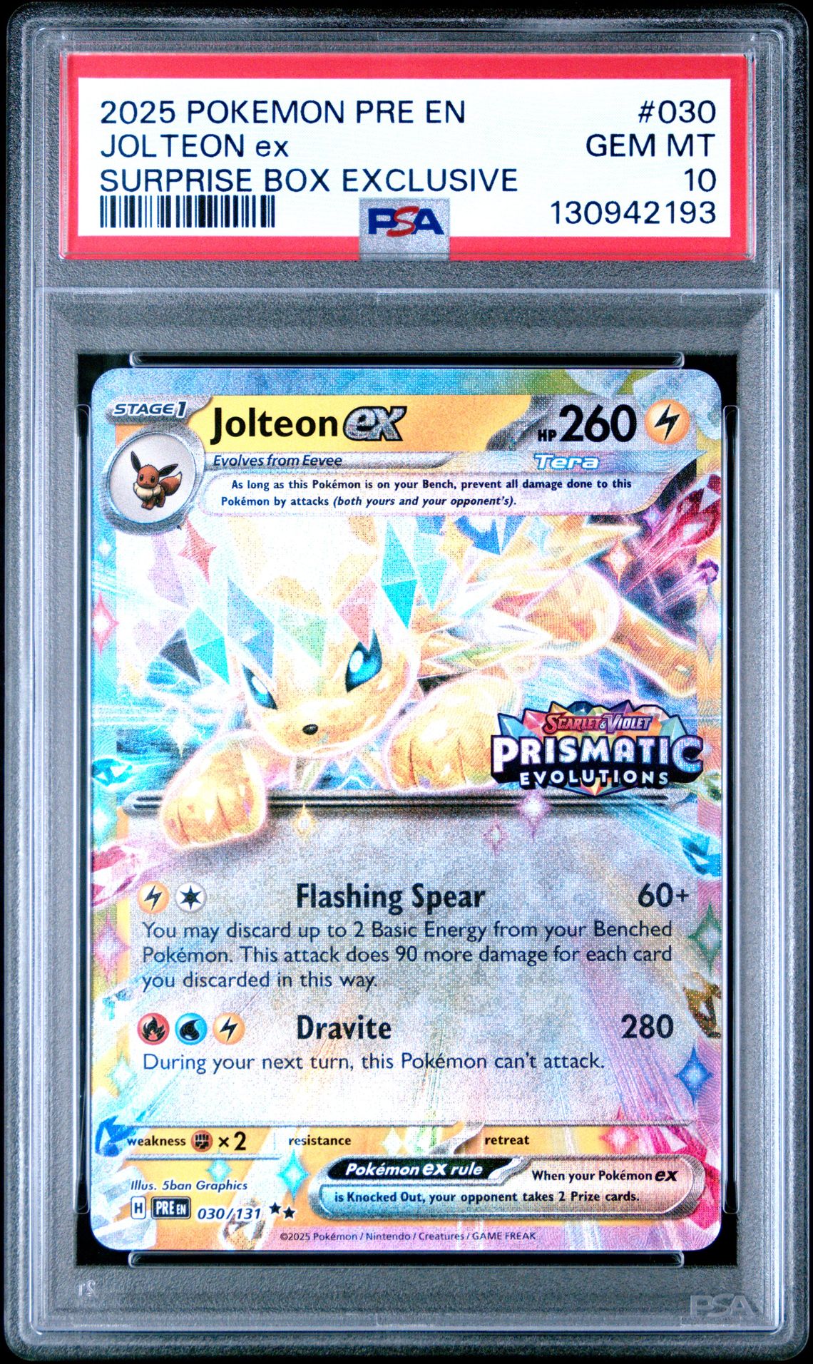 2025 Pokemon Pre En-Prismatic Evolutions Jolteon Ex #030 (Surprise Box Exclusive) Gem Mt 10 front