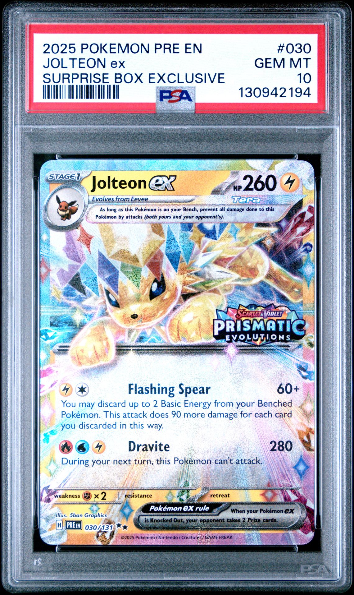 2025 Pokemon Pre En-Prismatic Evolutions Jolteon Ex #030 (Surprise Box Exclusive) Gem Mt 10 front