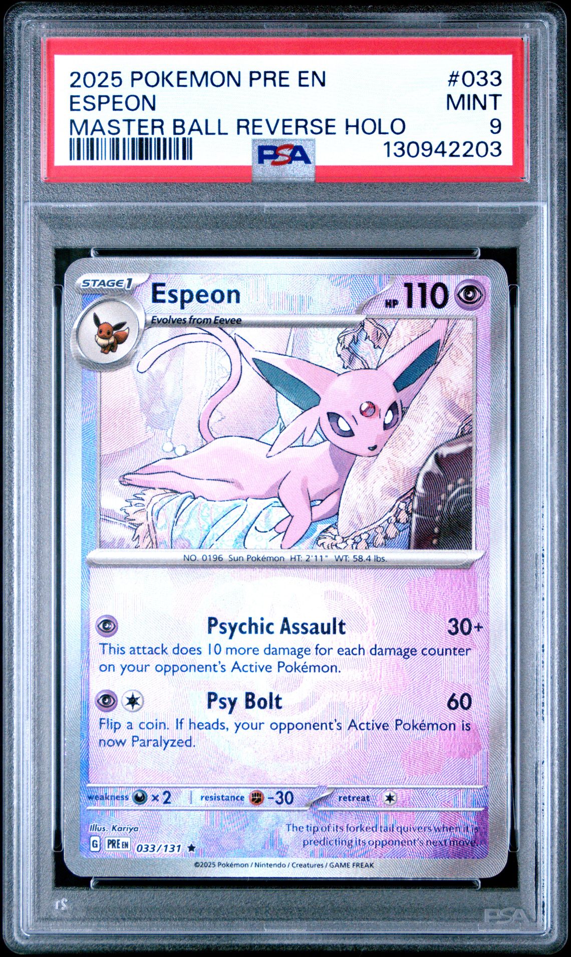 2025 Pokemon Pre En-Prismatic Evolutions Espeon #033 (Master Ball Reverse Holo) Mint 9 front