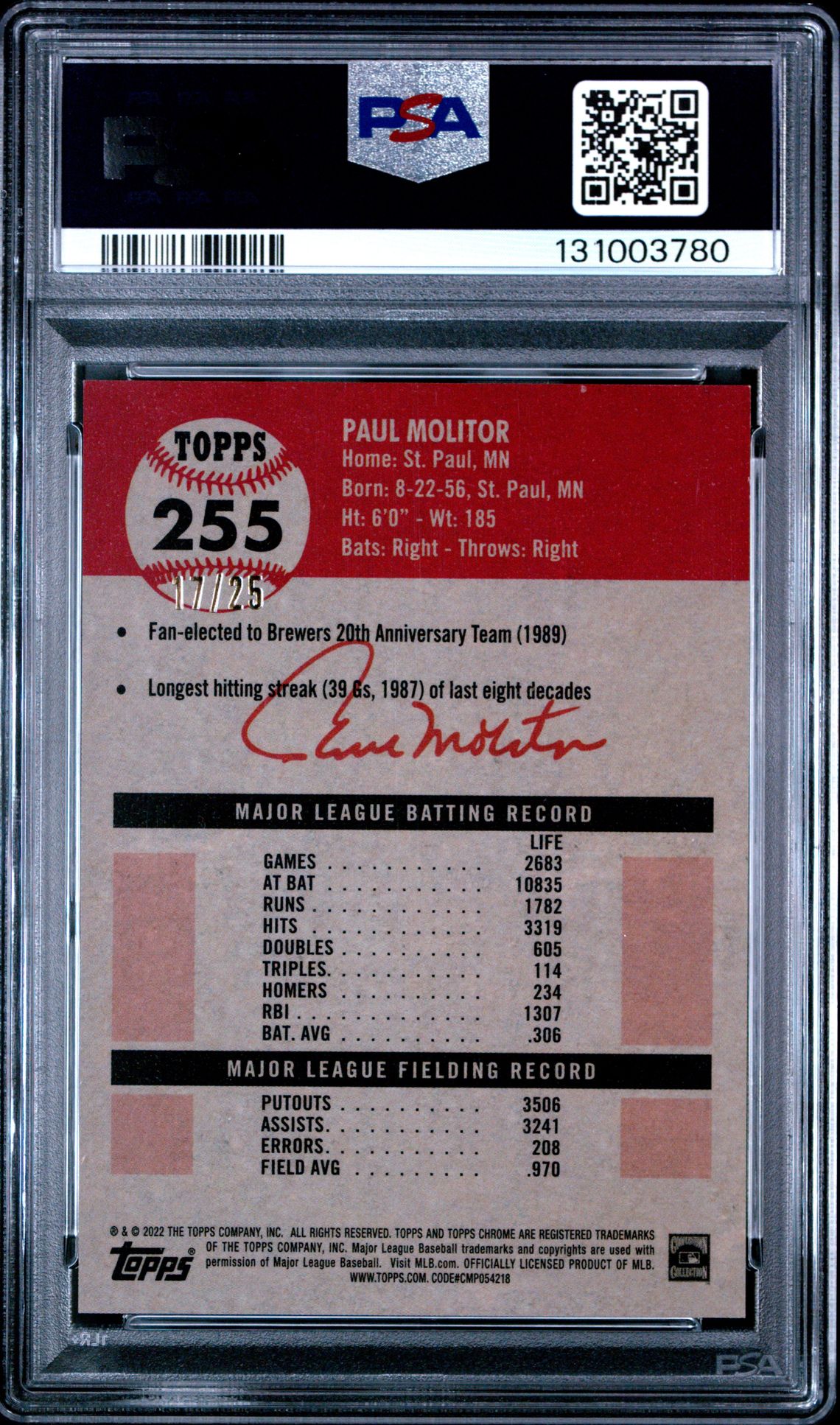 2022 Topps Chrome Platinum Anniversary Paul Molitor #255 (Plt Toile White/Orange Ref) Mint 9 back