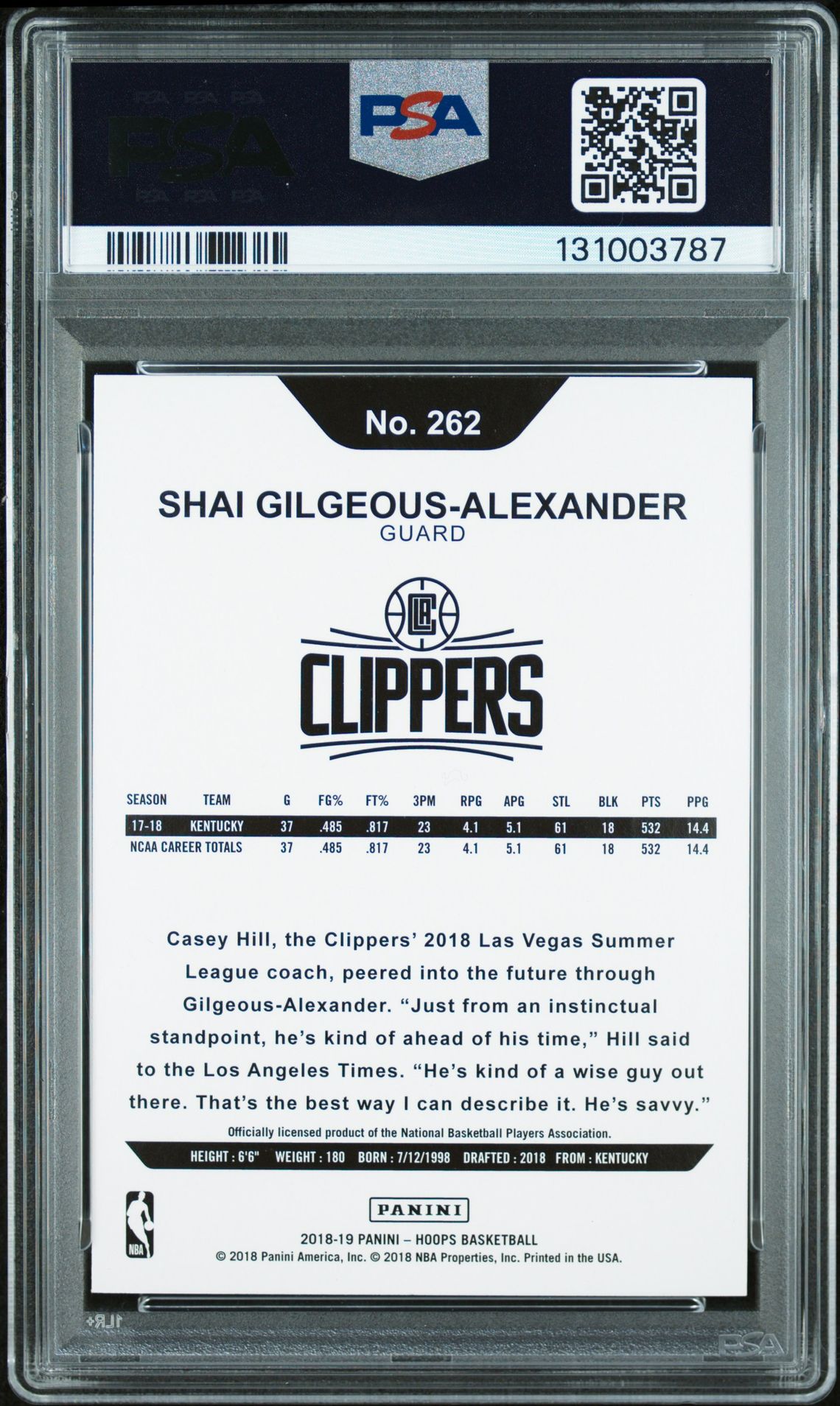 2018 Panini Hoops S.gilgeous-Alexander #262 Mint 9 back