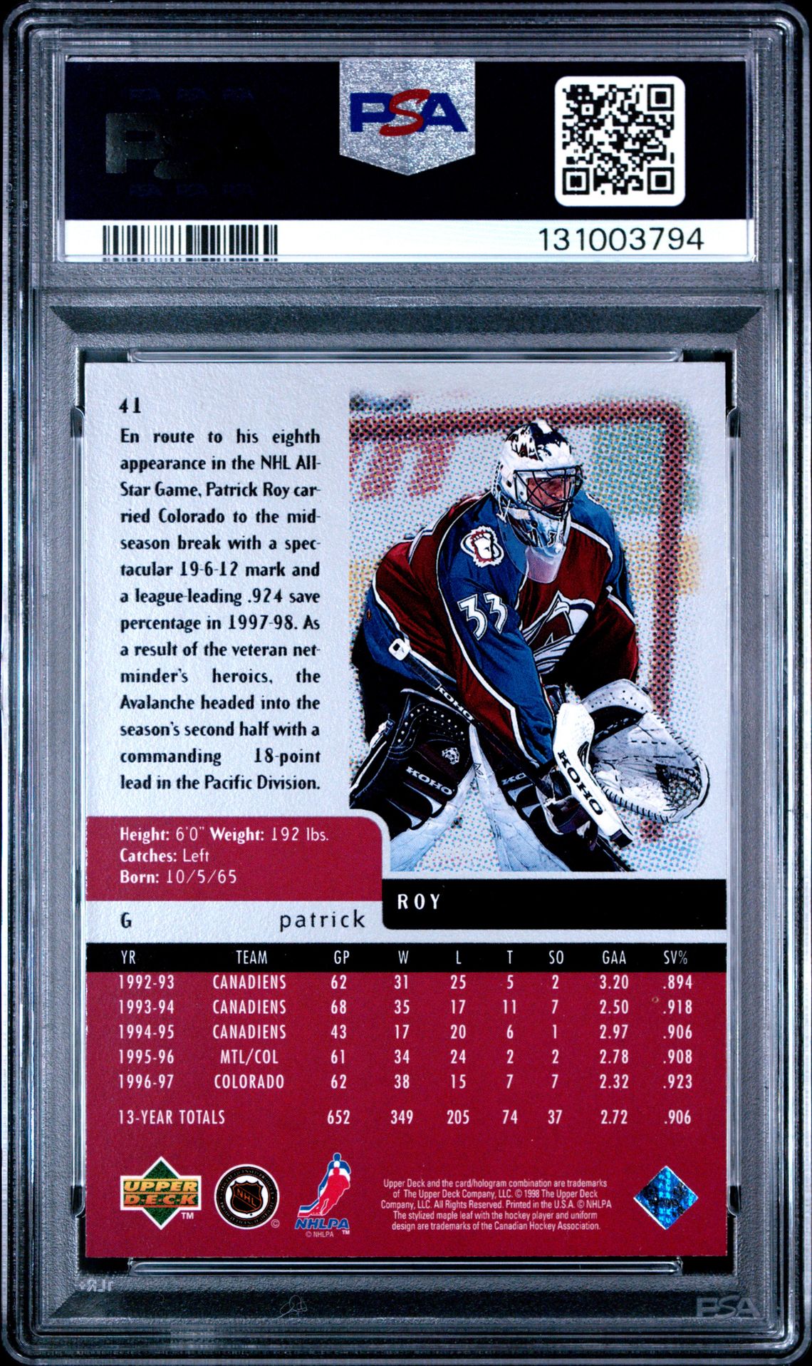 1997 Upper Deck Black Diamond Patrick Roy #41 (Triple) Nm-Mt 8 back