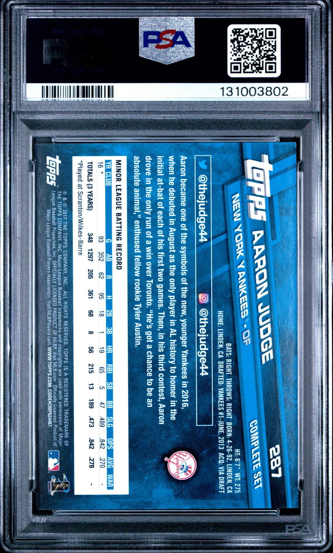 2017 Topps Complete Set Exclusives Aaron Judge #287 (Exclusives-Running) Nm-Mt 8 back