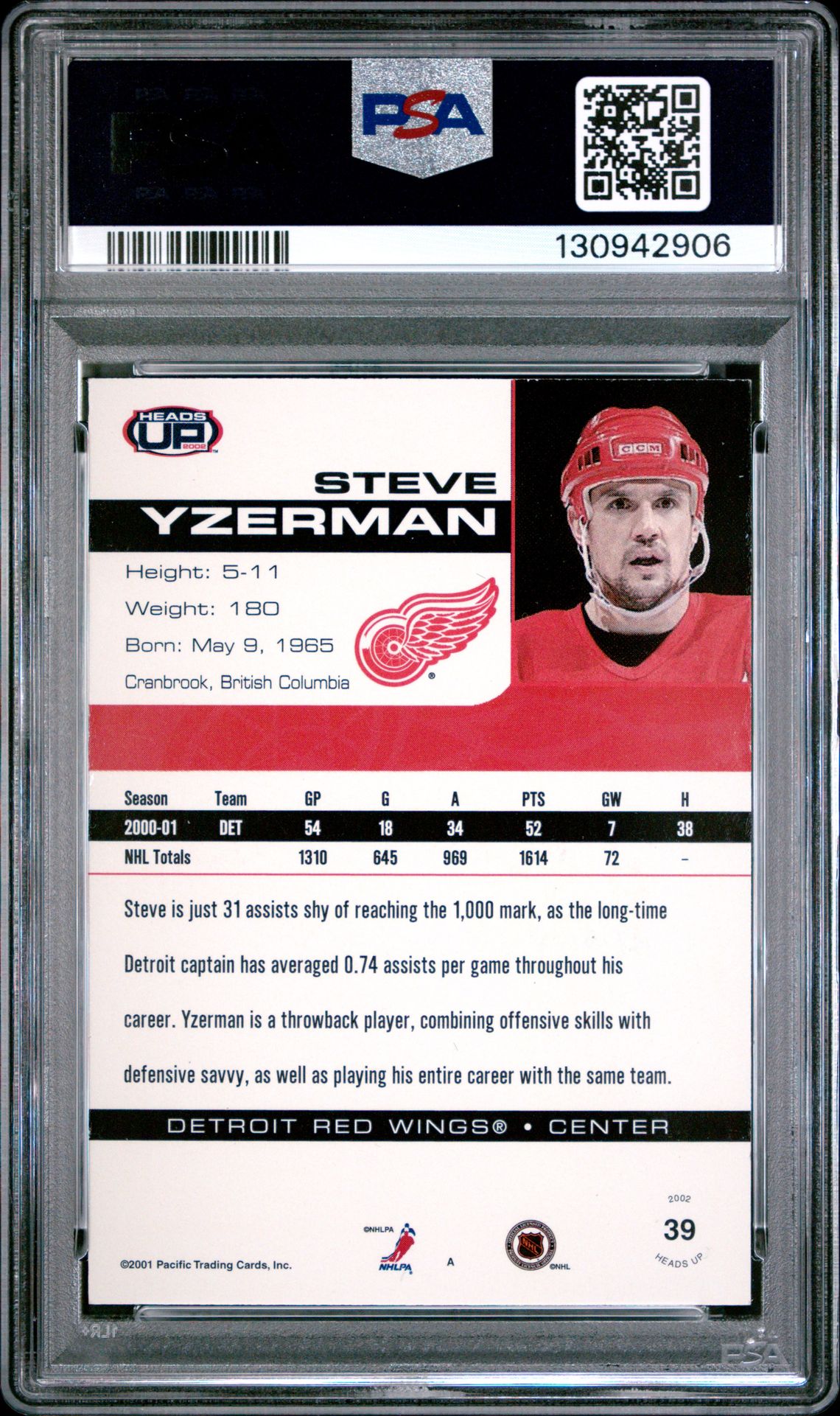 2001 Pacific Heads-Up Steve Yzerman #39 (Premiere Date) Nm-Mt 8 back