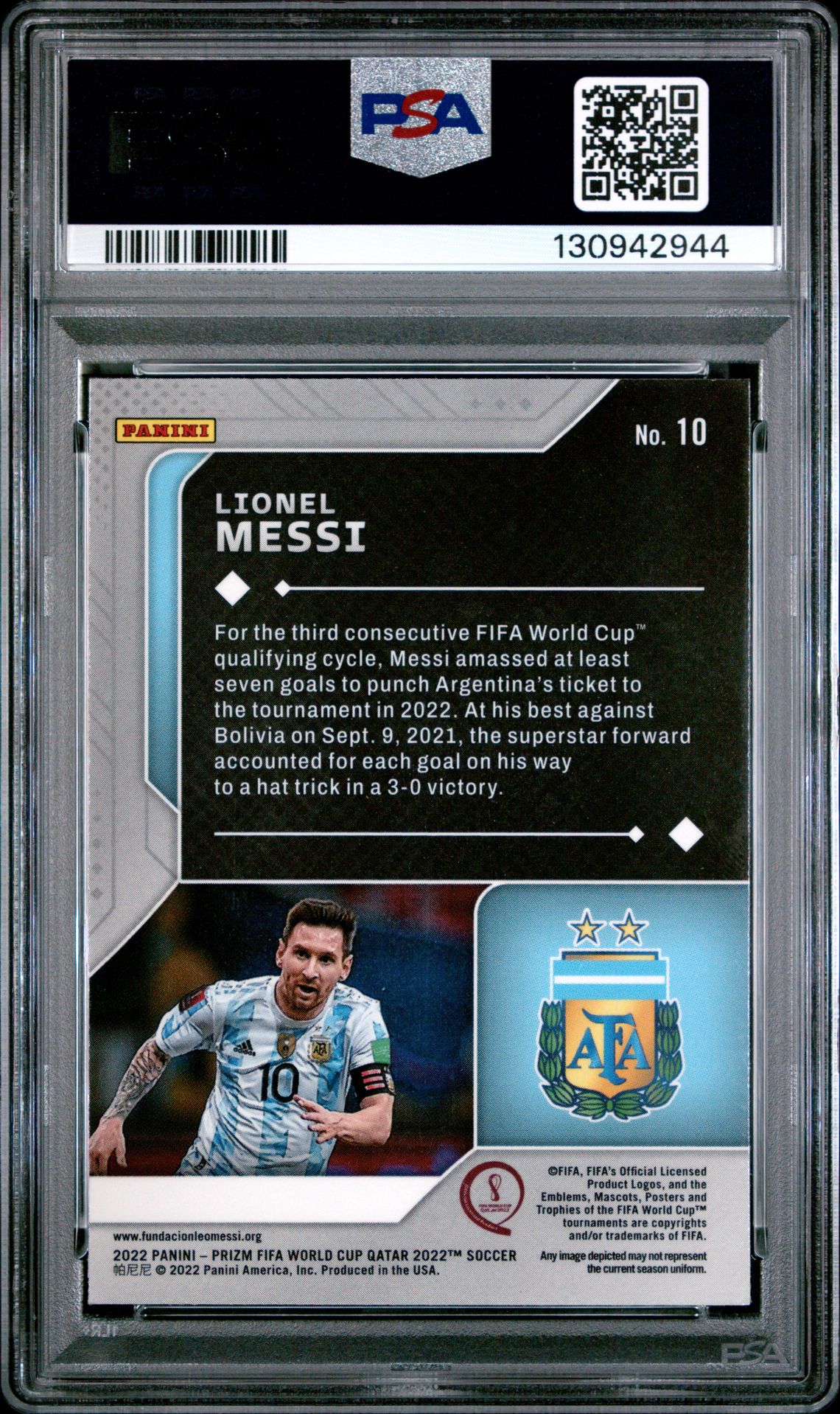 2022 Panini Prizm World Cup Qatar Scorers Club Lionel Messi #10 (Scorers Club) Gem Mt 10 back view - PSA certificate #130942944
