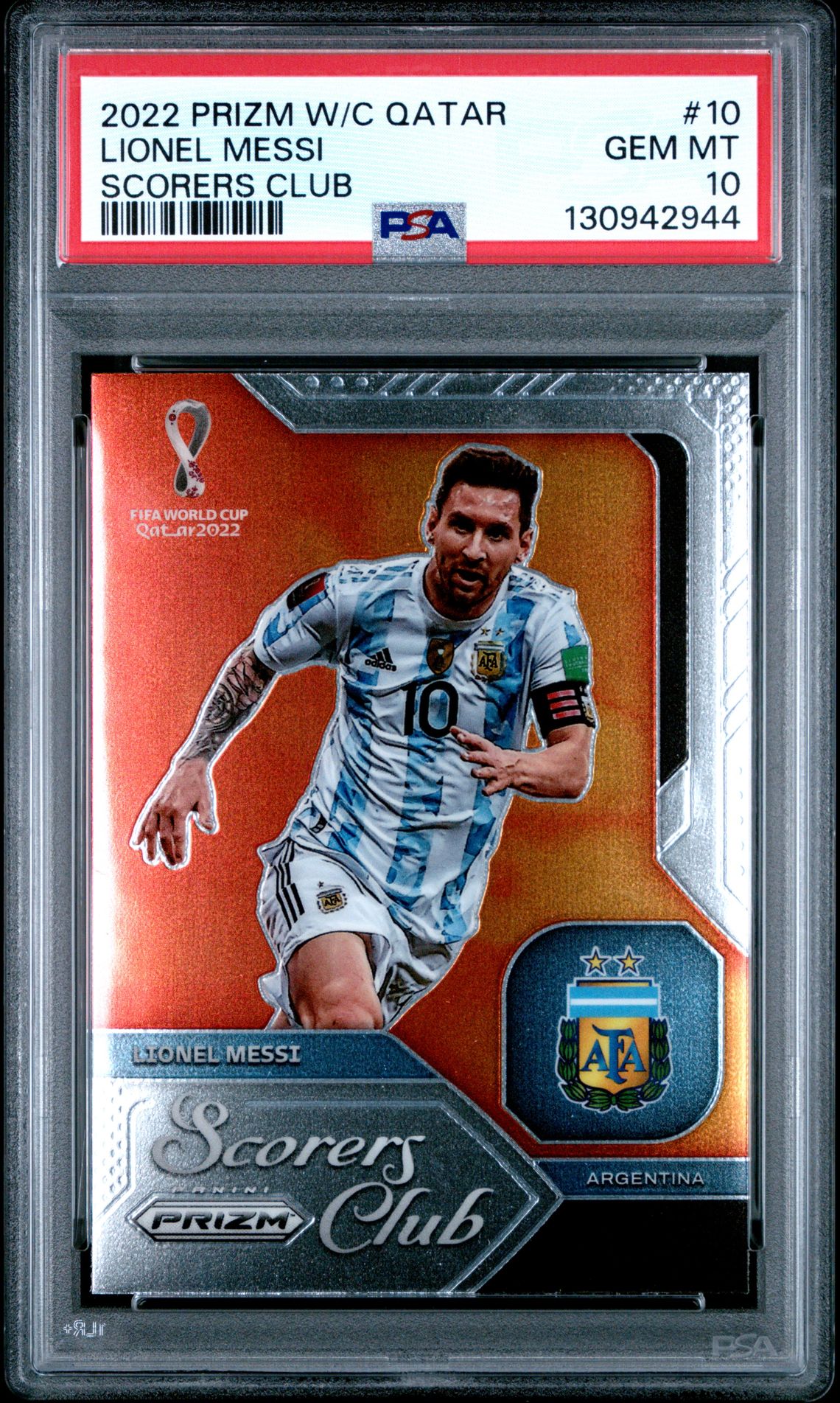 2022 Panini Prizm World Cup Qatar Scorers Club Lionel Messi #10 (Scorers Club) Gem Mt 10 front view - PSA graded GEM MT 10