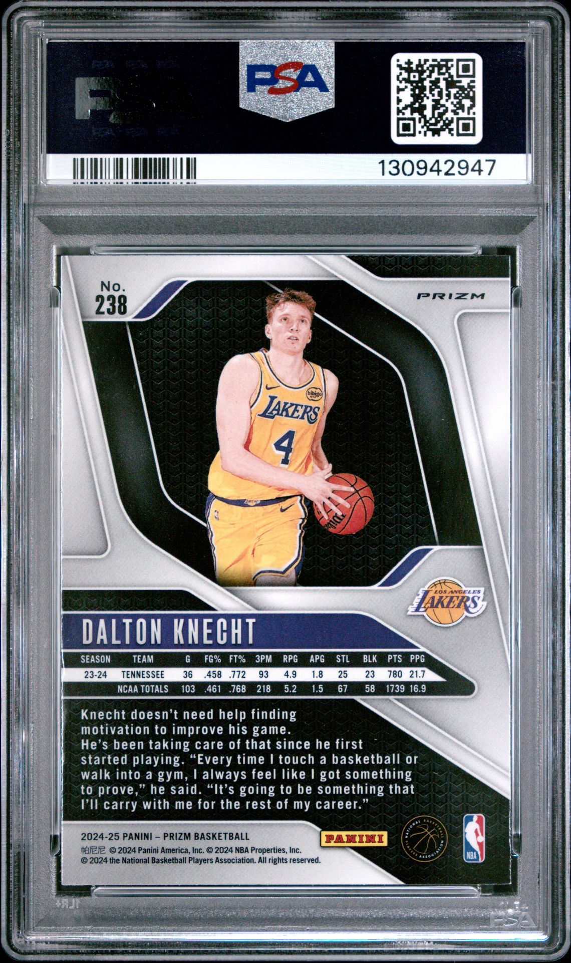 2024 Panini Prizm Dalton Knecht #238 (Silver Prizm) Mint 9 back