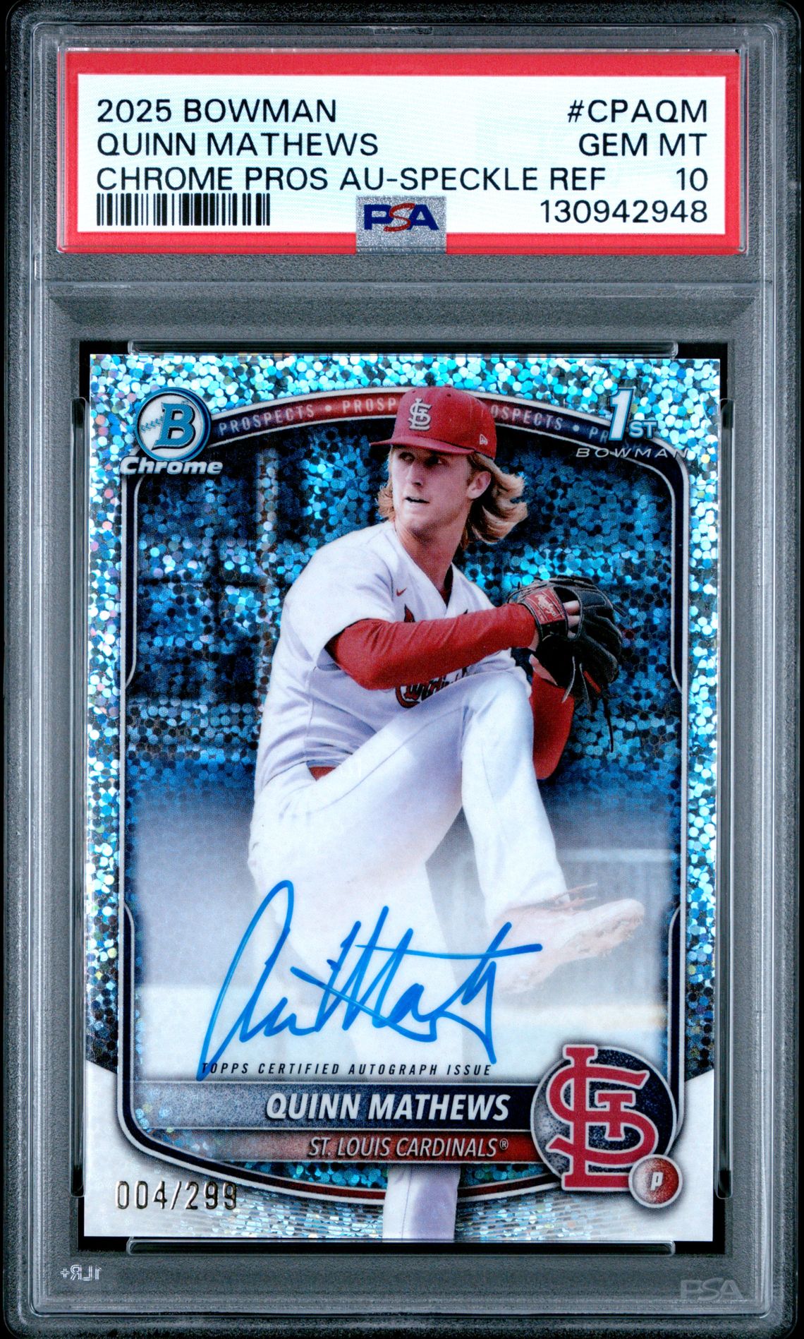 2025 Bowman Chrome Prospect Autographs Quinn Mathews #Cpaqm (Chrome Pros Au-Speckle Ref) Gem Mt 10 front