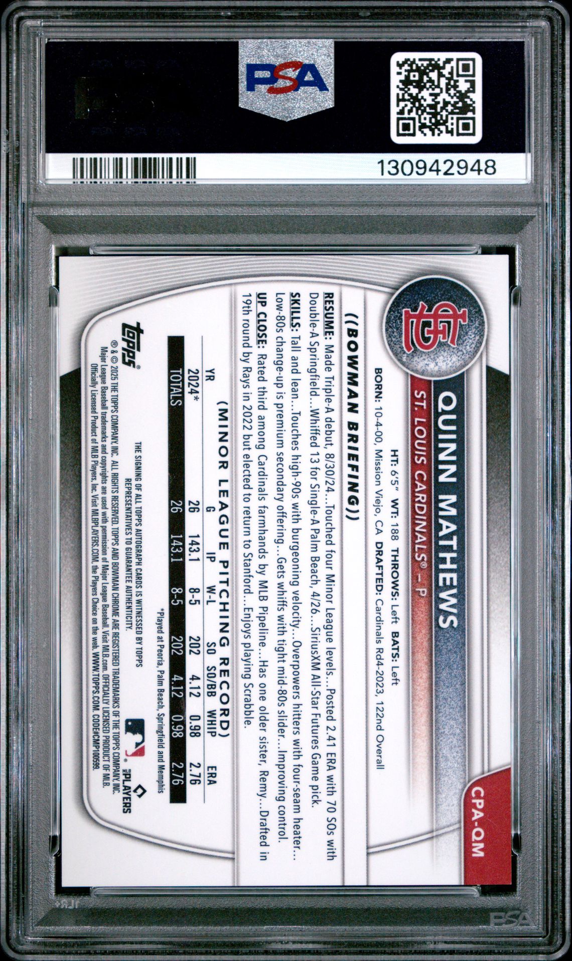 2025 Bowman Chrome Prospect Autographs Quinn Mathews #Cpaqm (Chrome Pros Au-Speckle Ref) Gem Mt 10 back