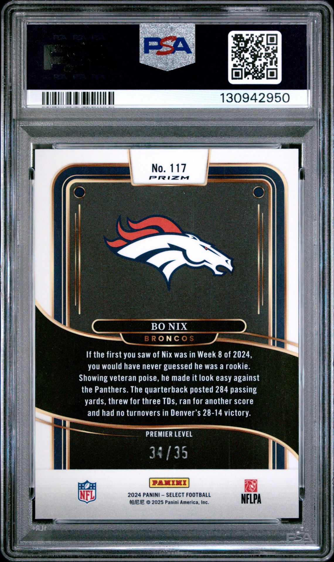 2024 Panini Select Bo Nix #117 (Blue & Orange Shock) Gem Mt 10 back