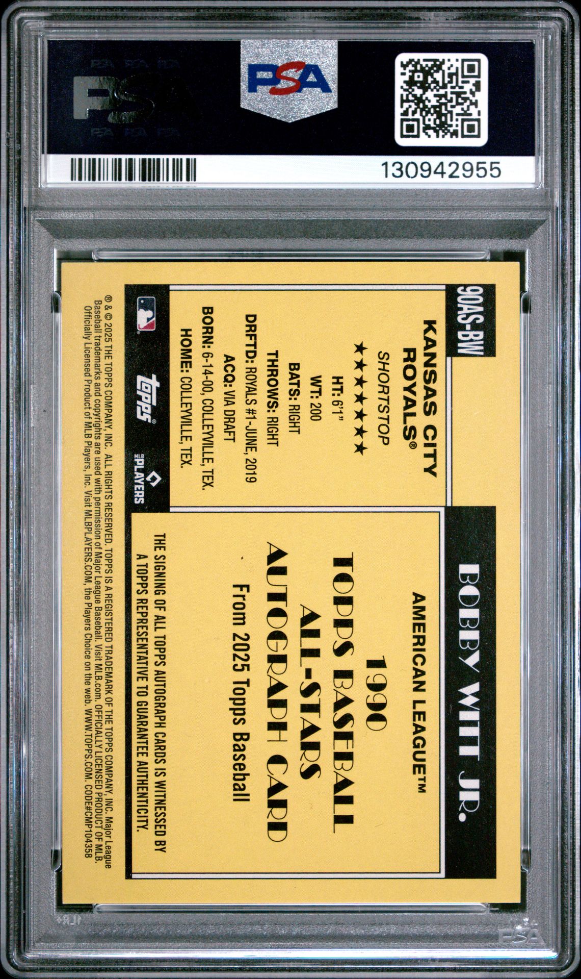 2025 Topps 1990 Topps All-Star Autographs Bobby Witt Jr. #90Asbw Mint 9 back