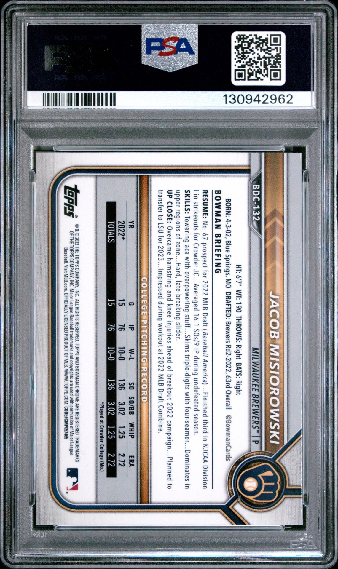 2022 Bowman Draft Chrome Sapphire Edition Jacob Misiorowski #Bdc132 Mint 9 back