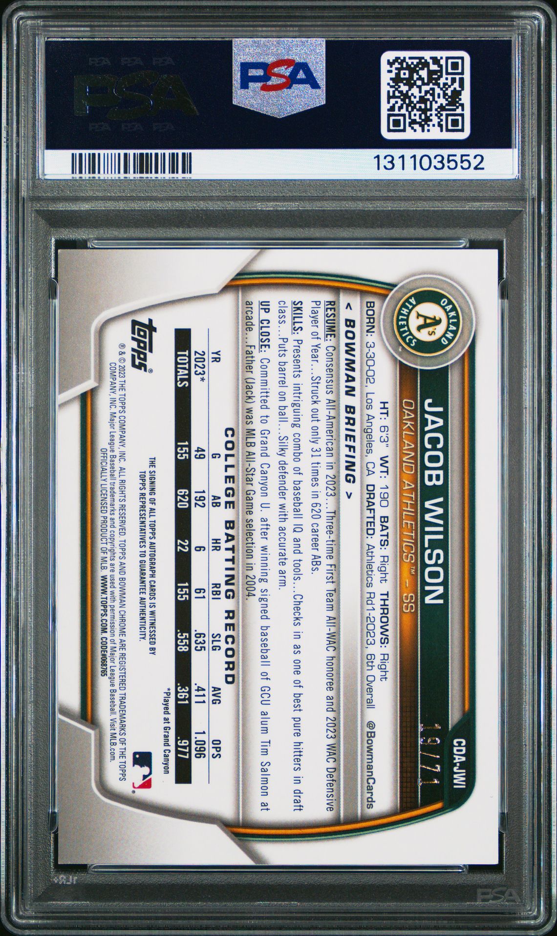 2023 Bowman Draft Chrome Prospect Autograph Jacob Wilson #Cdajwi (Chr Prospect Au-Sparkle Ref) Gem Mt 10 back