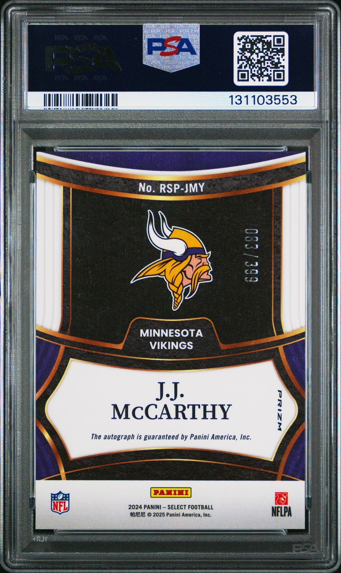 2024 Panini Select Rookie Signatures Jj Mccarthy #Rspjmy Mint 9 back