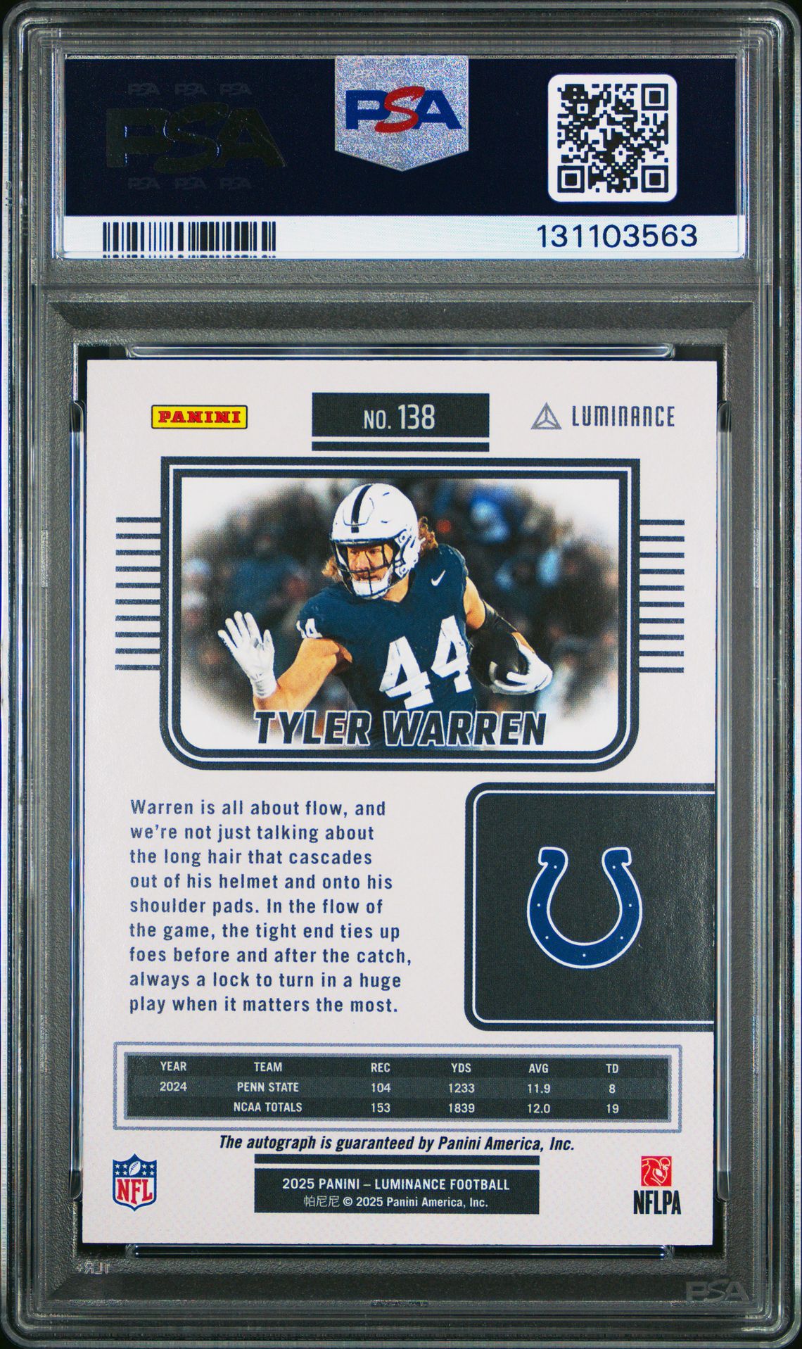 2025 Panini Luminance Tyler Warren #138 (Autograph-Gold) Mint 9 back