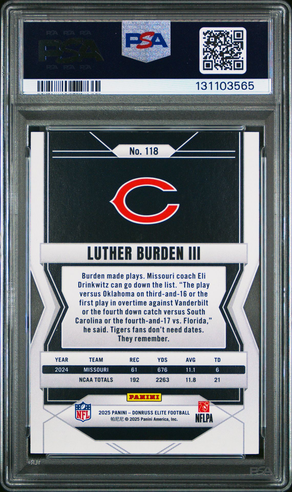 2025 Panini Donruss Elite Luther Burden Iii #118 Mint 9 back