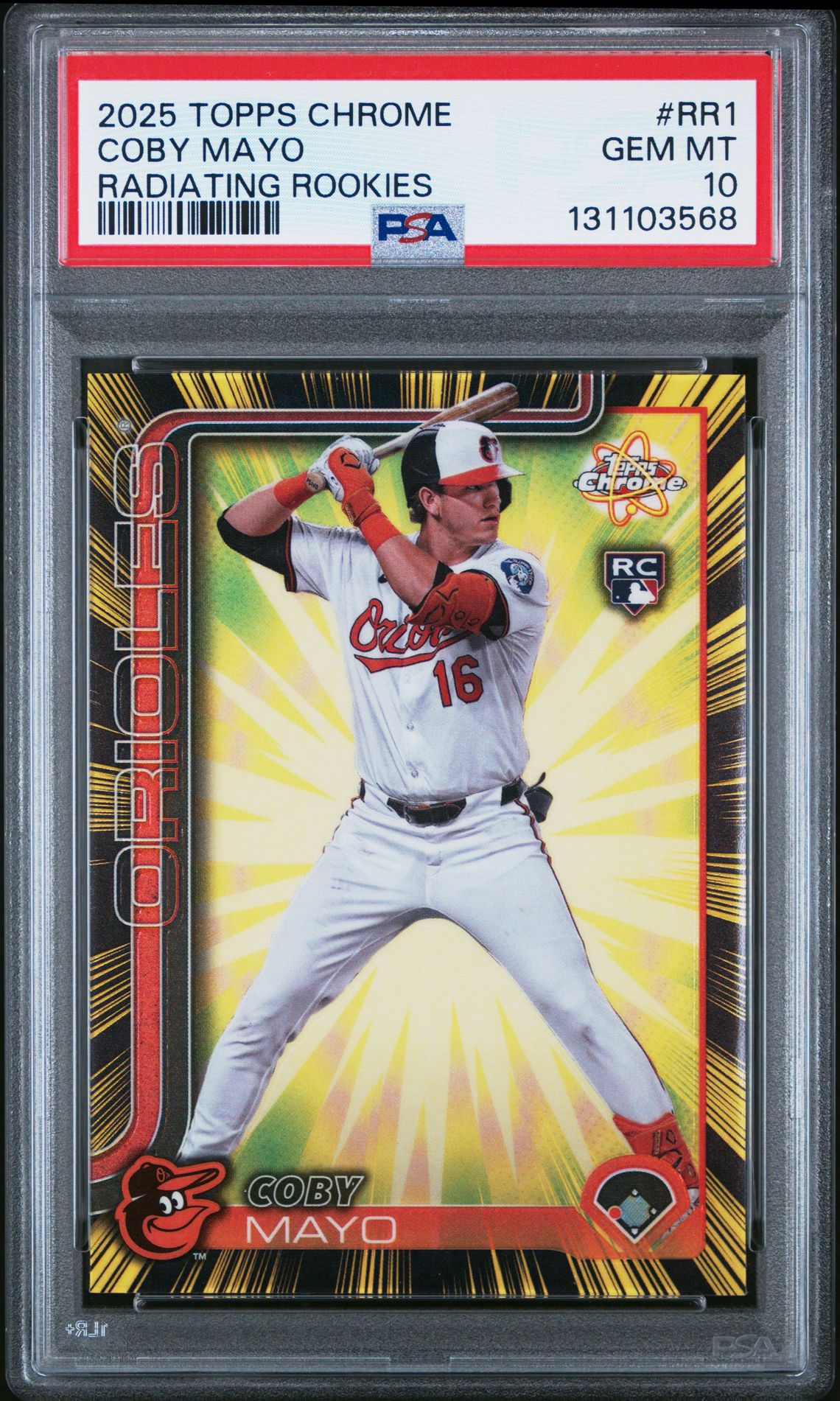 2025 Topps Chrome Radiating Rookies Coby Mayo #Rr1 Gem Mt 10 front