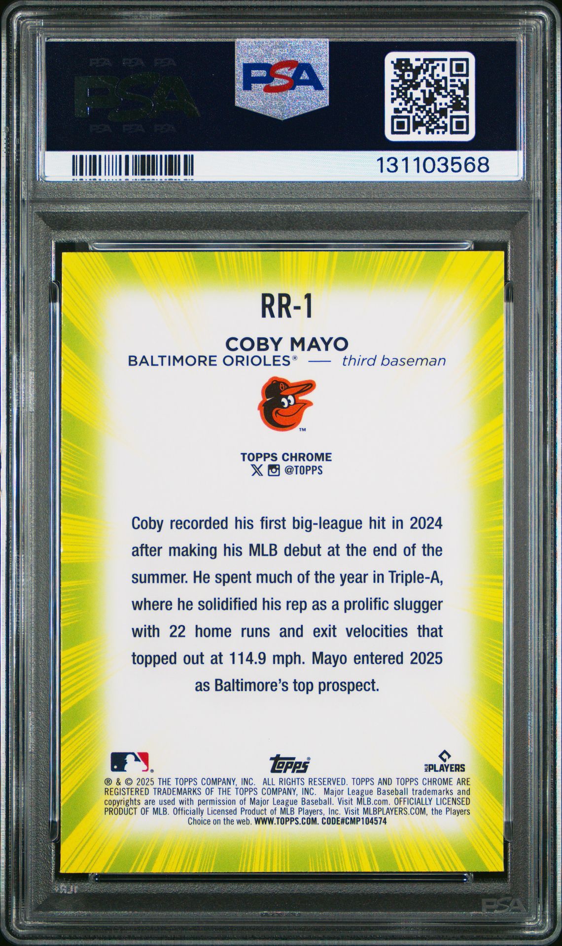 2025 Topps Chrome Radiating Rookies Coby Mayo #Rr1 Gem Mt 10 back