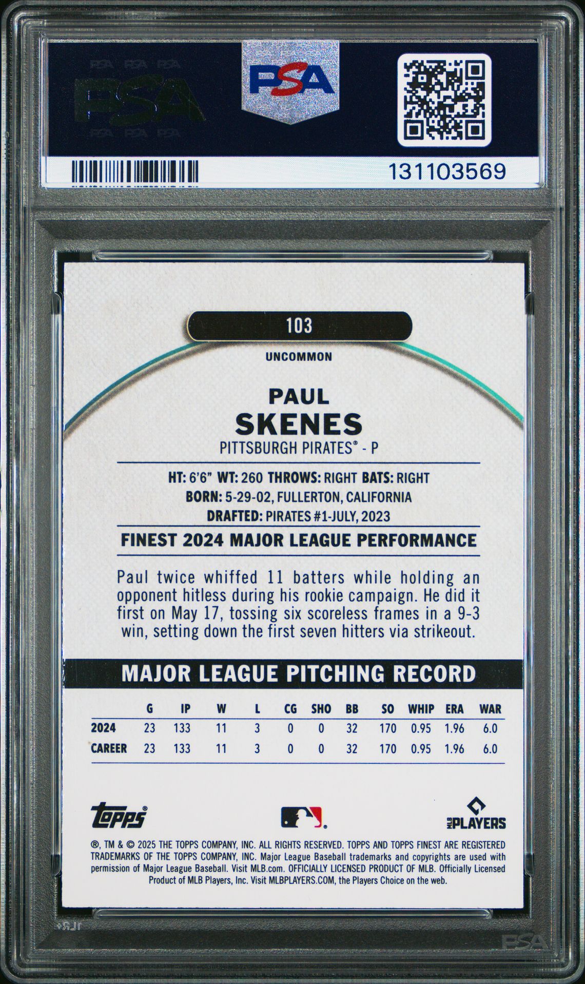 2025 Topps Finest Paul Skenes #103 (Sky Blue Refractor) Gem Mt 10 back