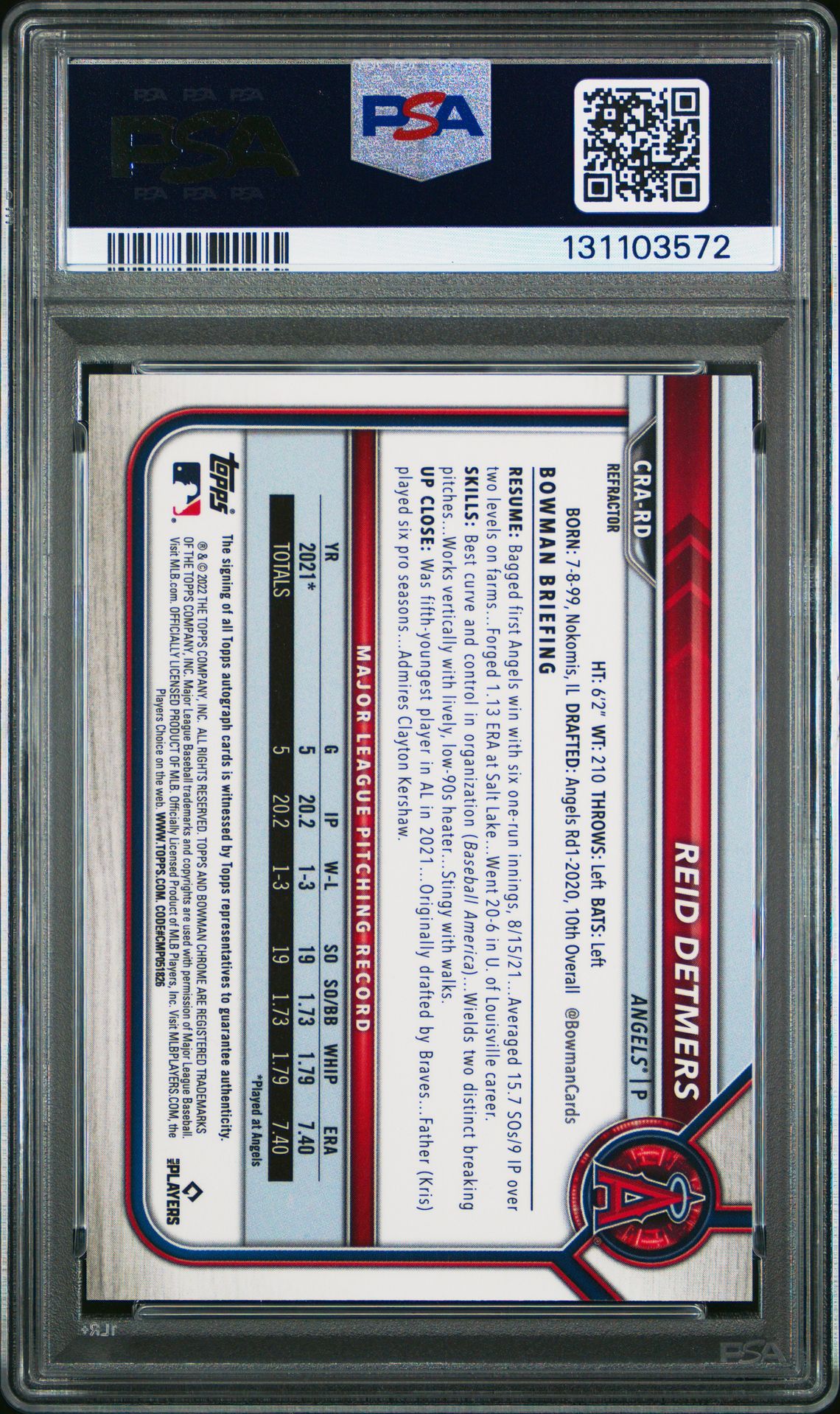 2022 Bowman Chrome Rookie Autographs Reid Detmers #Crard (Chr.rookie Auto-Refractor) Gem Mt 10 back view - PSA certificate #131103572
